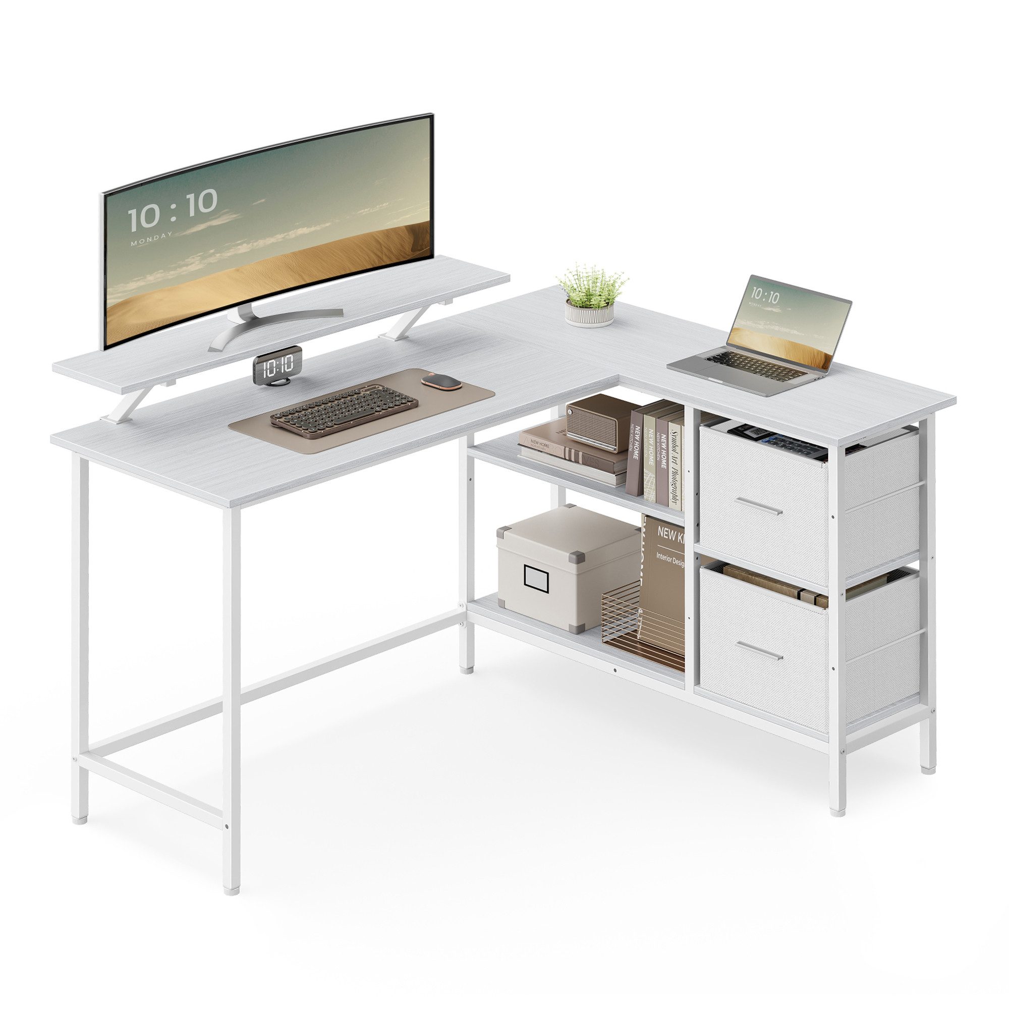VASAGLE Eckschreibtisch L-förmiger Schreibtisch, 2 Schubladen, Computertisch, für Homeoffice, mit Monitorständer, mit verstellbarer Ablage, 135 x 105 cm