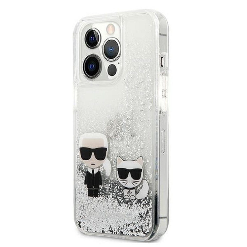 KARL LAGERFELD Handyhülle Case iPhone 13 Pro Katze Cover Glitzer silber 6,1 Zoll, Kantenschutz