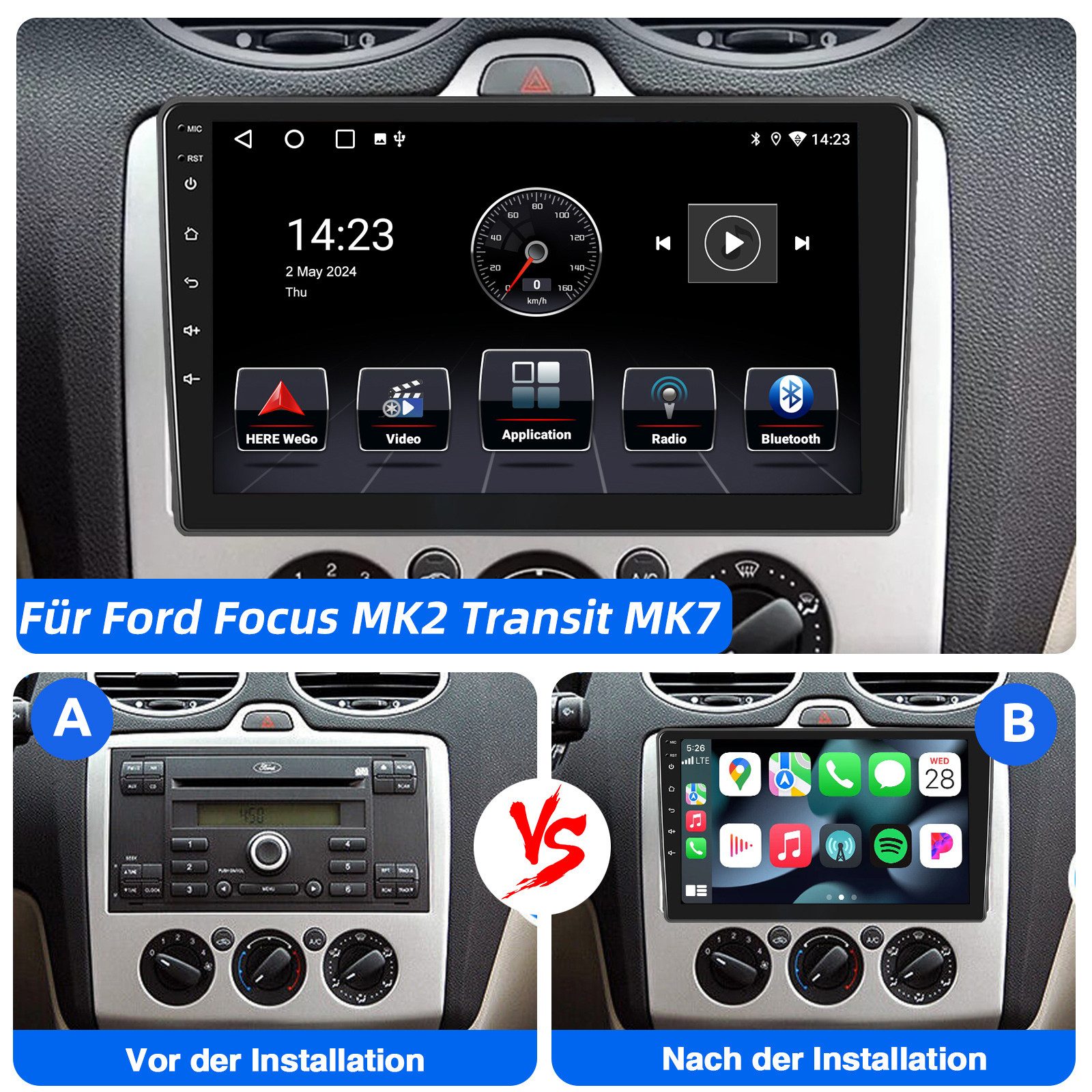 ESSGOO 9'' DAB+ Für Ford Transit 2006-2014 Android15 Autoradio GPS Carplay BT Autoradio (RDS, BT, 4+64GB(optional), Digitalradio (DAB), FM, GPS, Apple Carplay A – Bild 4 von 5
