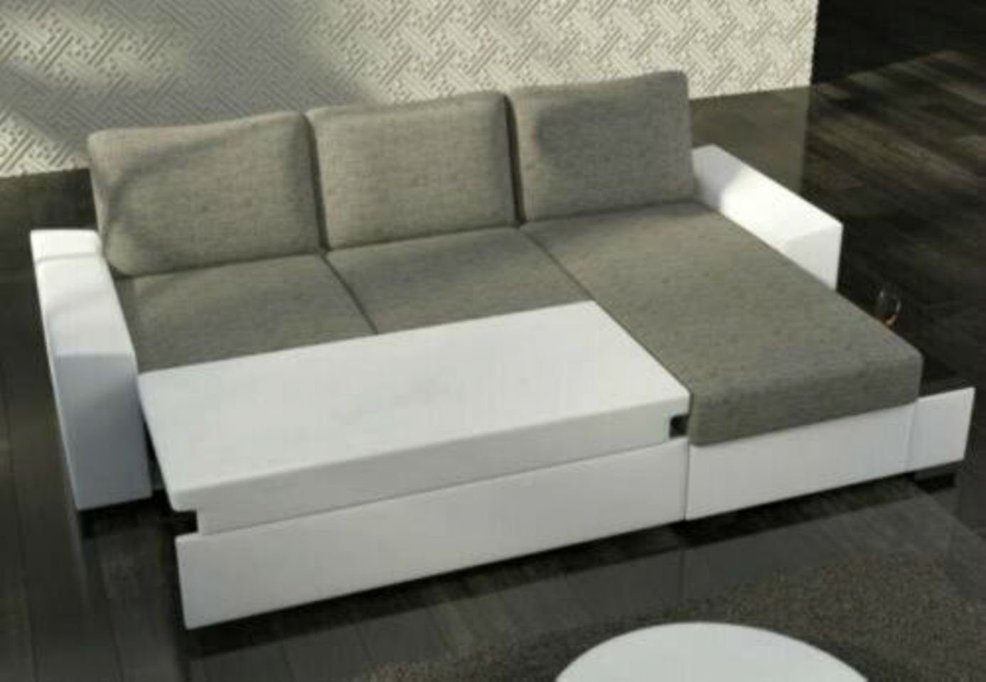JVmoebel Ecksofa Design Ecksofa Schlafsofa Bettfunktion Sofa Couch Leder Polster, Mit Bettfunktion Grau / Weiß