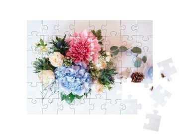 puzzleYOU Puzzle Blumenkomposition aus Hortensien, Rosen, Hochzeit, 48 Puzzleteile, puzzleYOU-Kollektionen Blumen-Arrangements