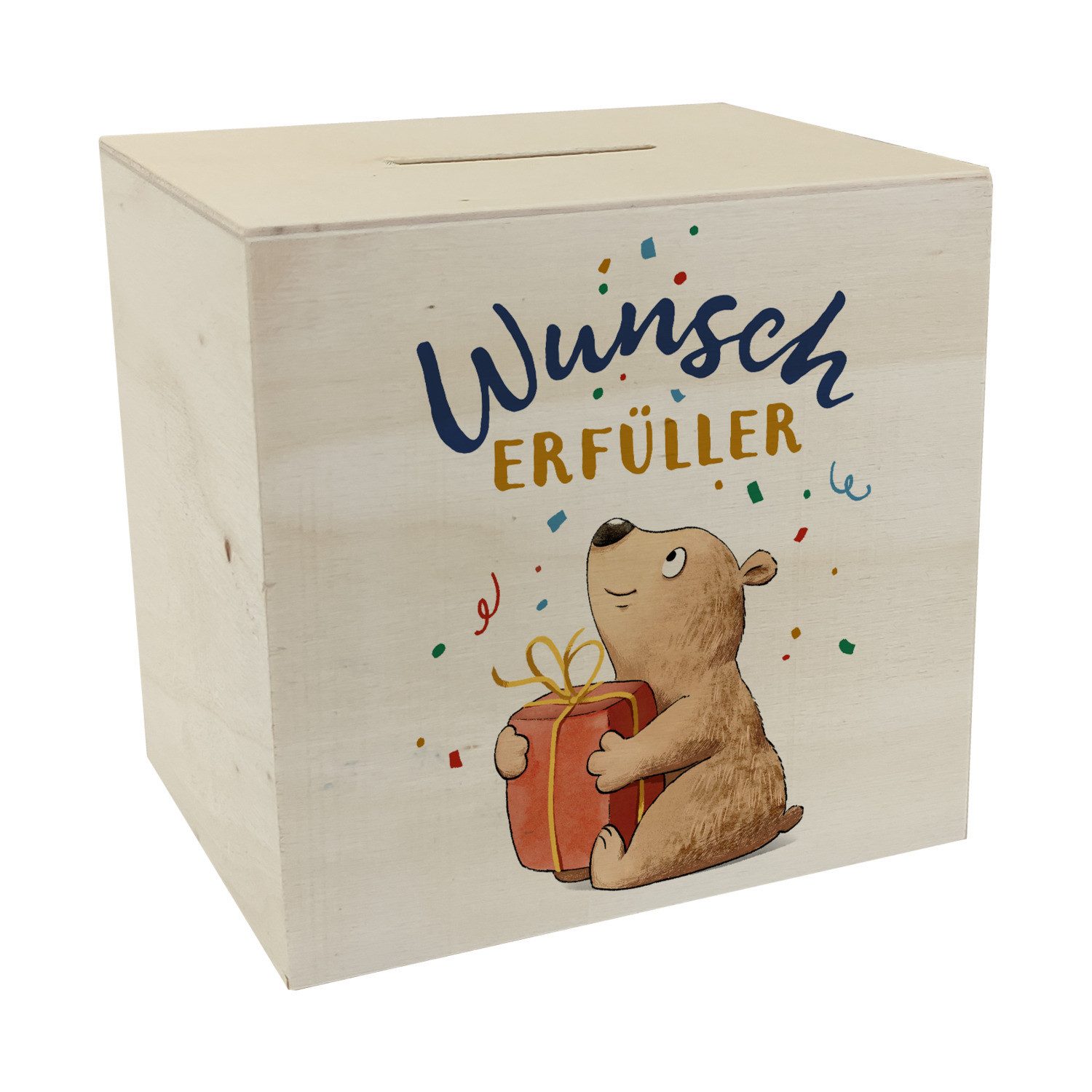 Spardose Bär mit Geschenk Spardose aus Holz mit Spruch Wunscherfüller