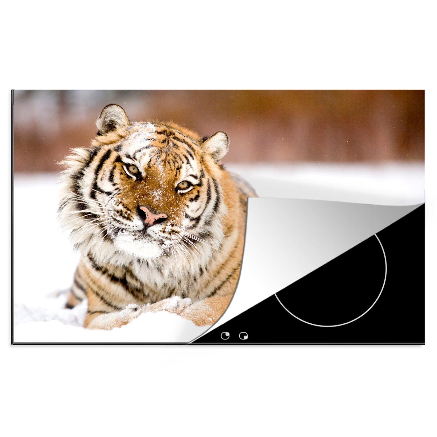 MuchoWow Herdblende-/Abdeckplatte Tiger - Schnee - Weiß, Vinyl, (1 tlg), 81x52 cm, Induktionskochfeld Schutz für die küche, Ceranfeldabdeckung
