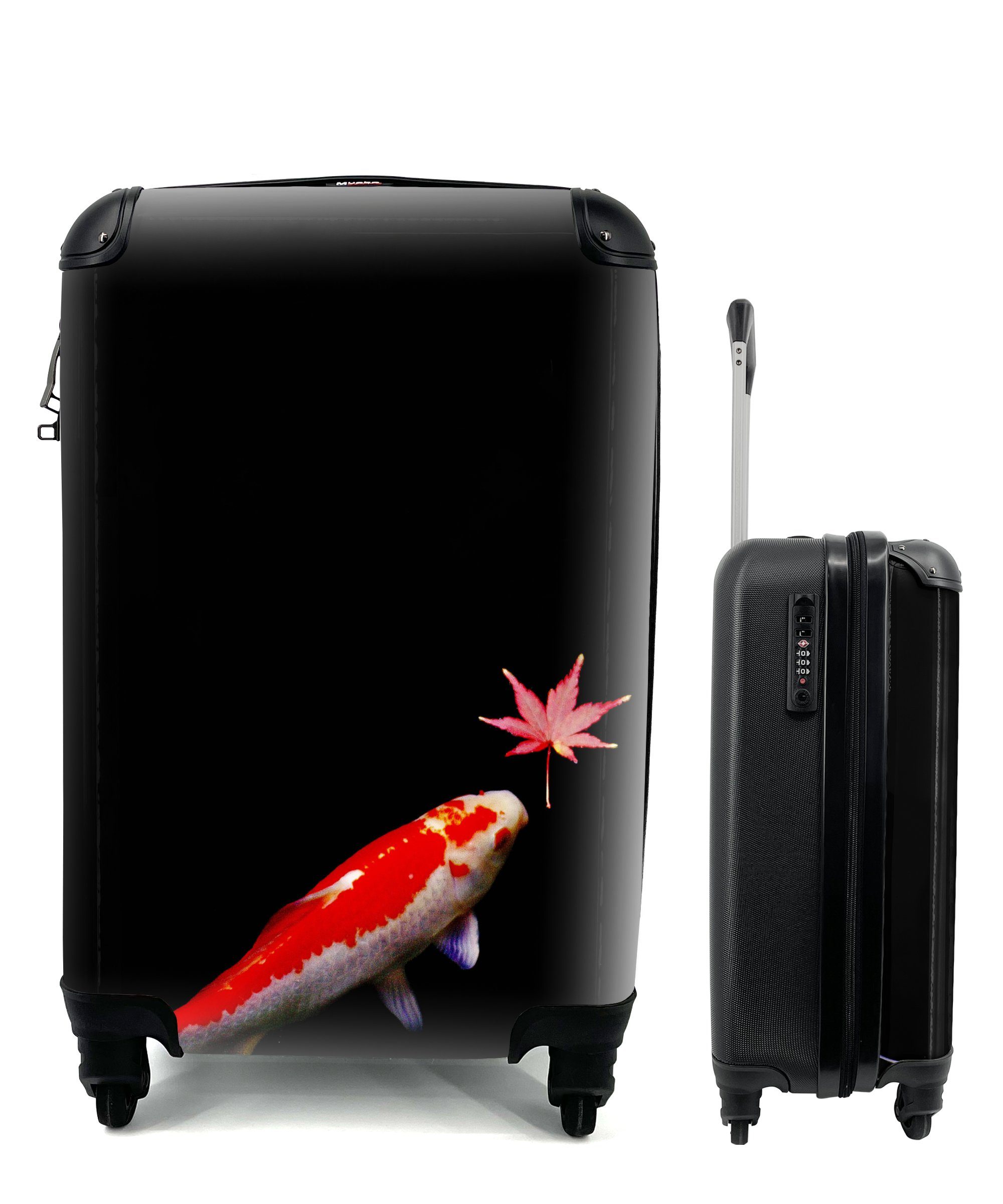 MuchoWow Handgepäckkoffer Ein Koi-Karpfen mit einem Ahornblatt vor einem dunklen Teich, 4 Rollen, Reisetasche mit rollen, Handgepäck für Ferien, Trolley, Reisekoffer