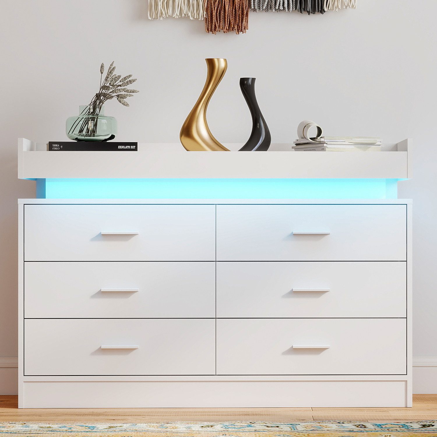oyajia Kommode Sideboard mit 6 Schubladen und LED-Beleuchtung, Schrank für Wohnzimmer und Schlafzimmer Weiß