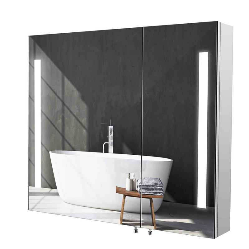 Homfa Spiegelschrank (Wandschrank, Badschrank mit 2 Spiegeltüren) mit 3D-Effekt, mit LED-Leuchtung, Breite 76 cm, Kaltweiß