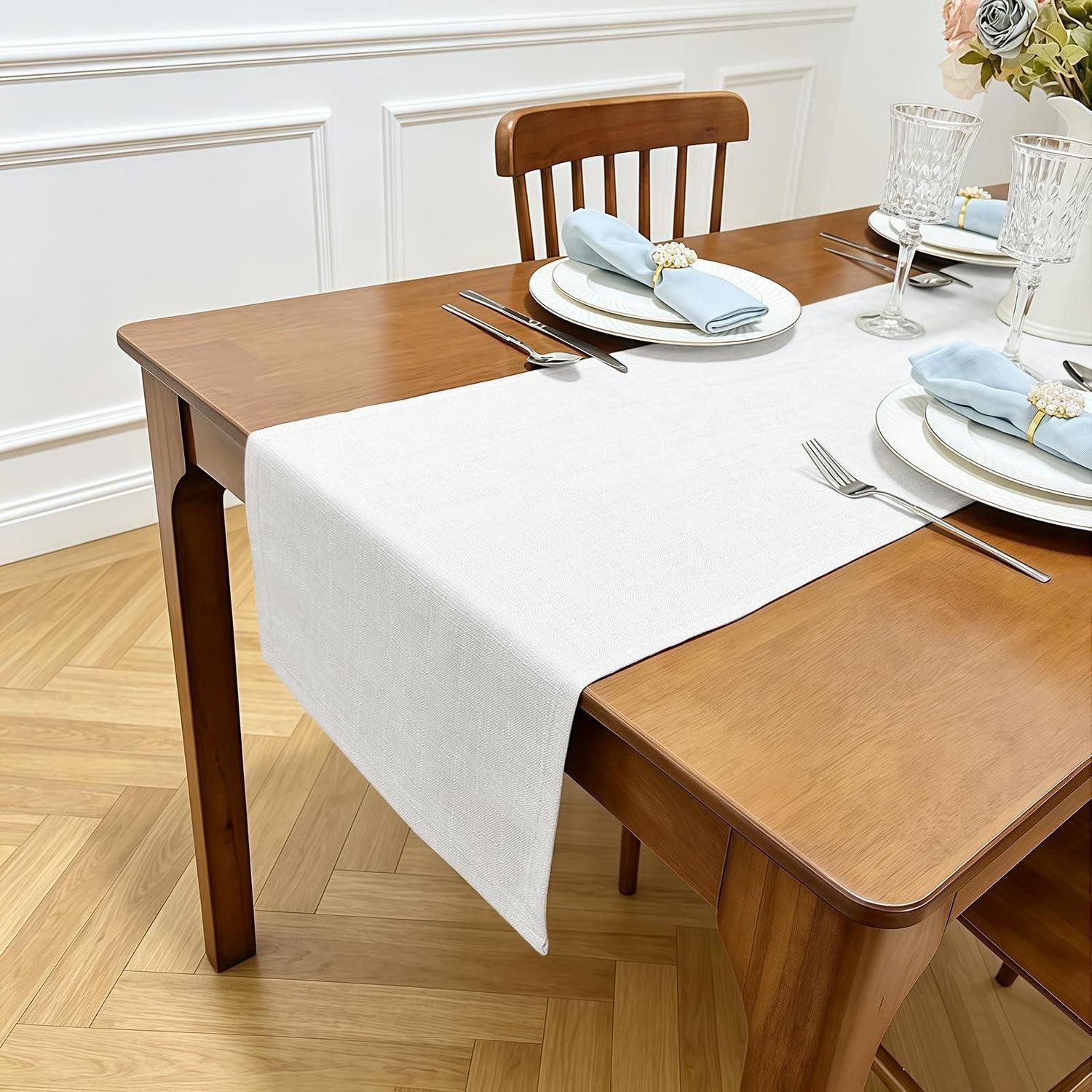 LuxusKollektion Tischläufer Tischläufer Leinenoptik Weiß 35x100cm