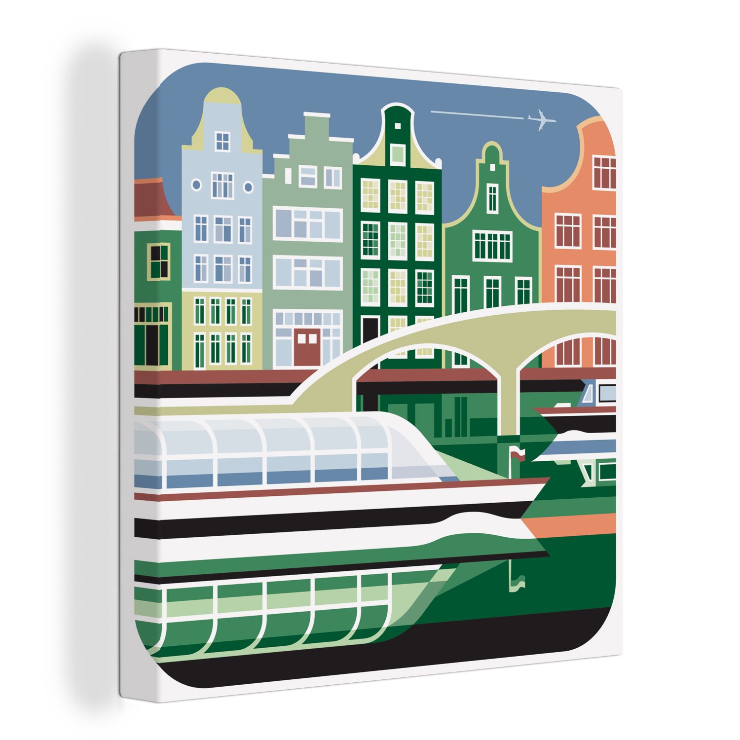 OneMillionCanvasses® Leinwandbild Illustration von Amsterdam mit grünen Schattierungen, (1 St), Leinwand Bilder für Wohnzimmer Schlafzimmer