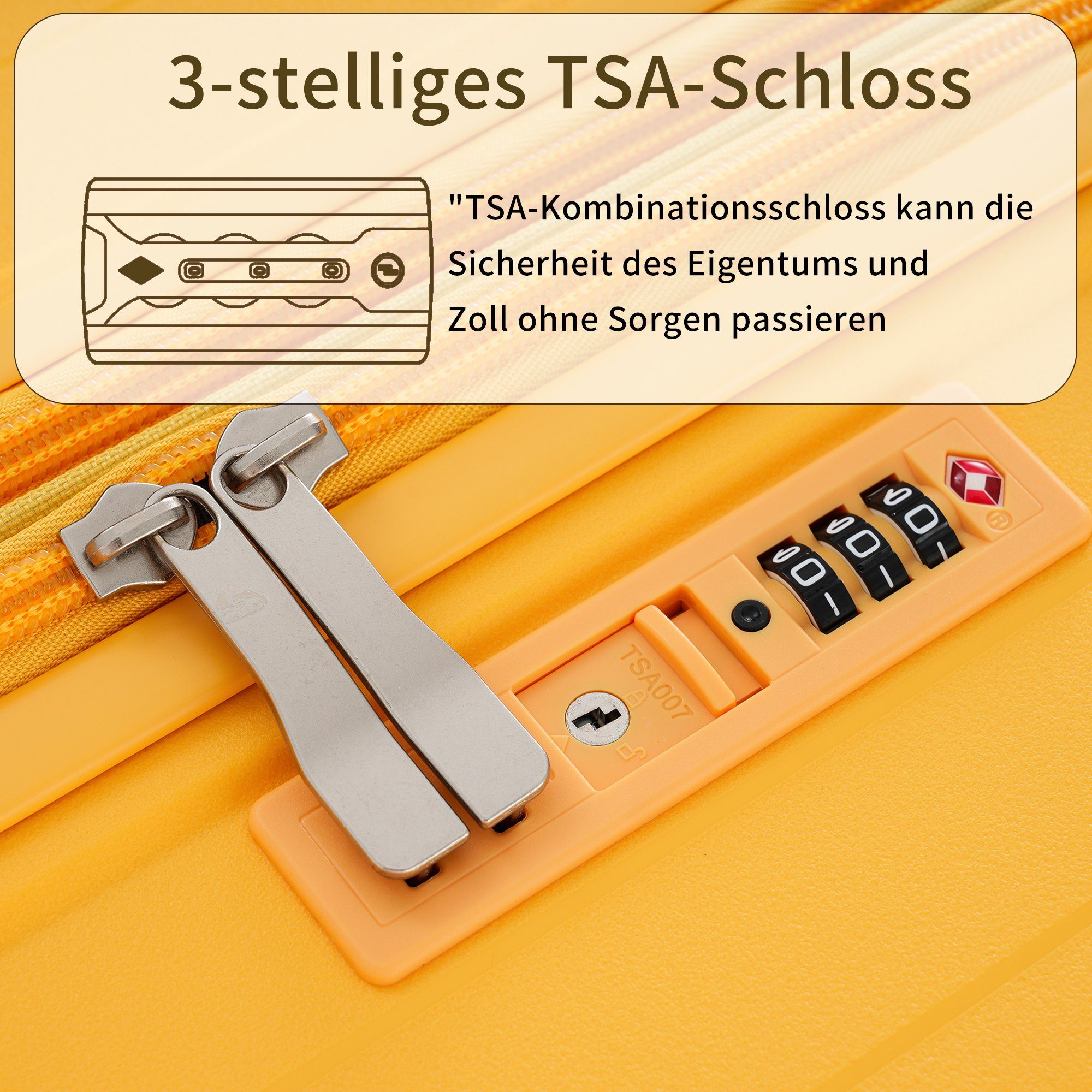 Ulife (3 PP-Material, Gelb TSA Modern tlg) Rollen, Zollschloss, 4 Trolleyset Handgepäck