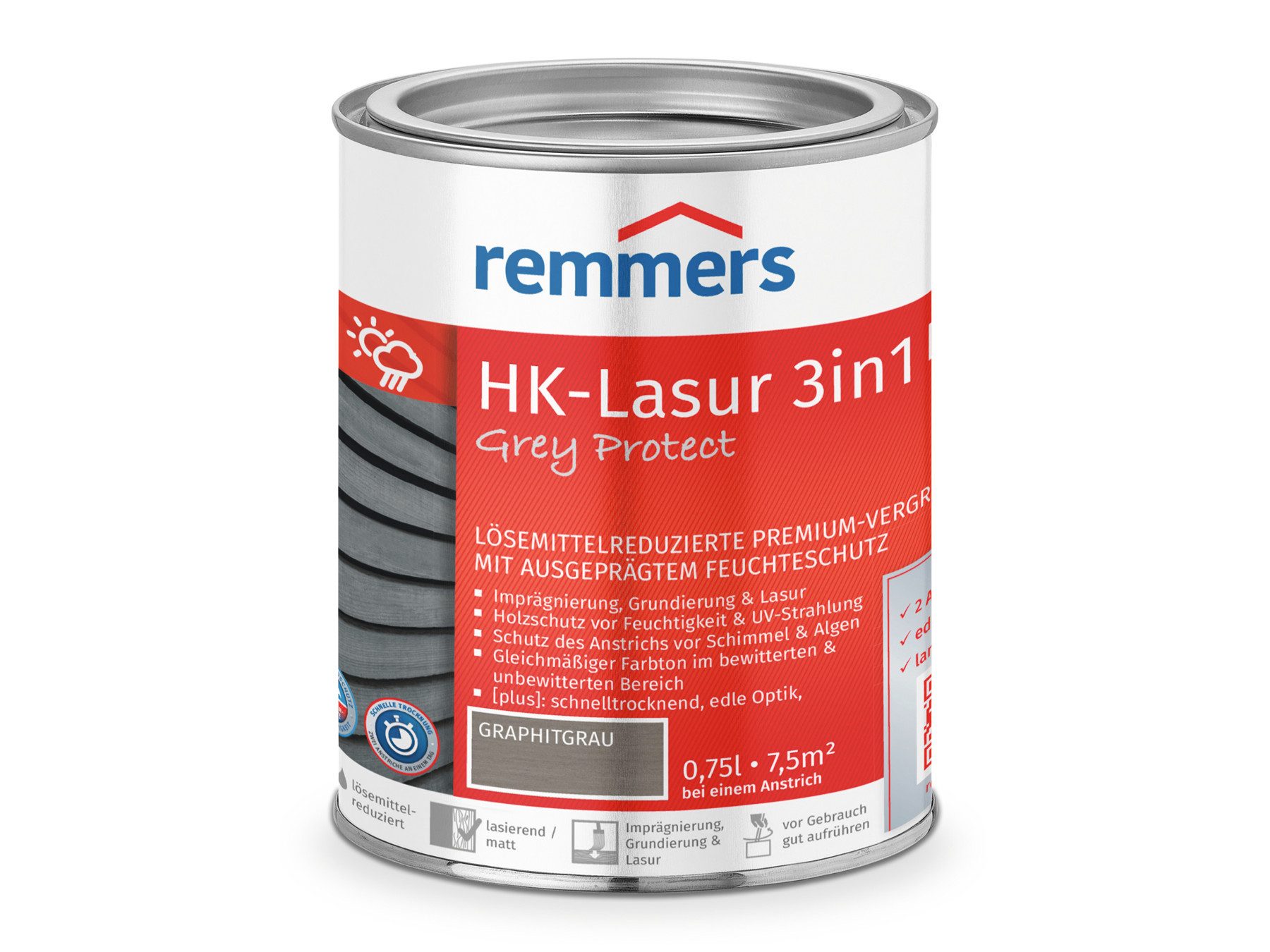 Remmers Holzschutzlasur HK-Lasur 3in1 Grey Protect [plus] anthrazitgrau matt 0,75 Liter, 3in1 Holzschutz