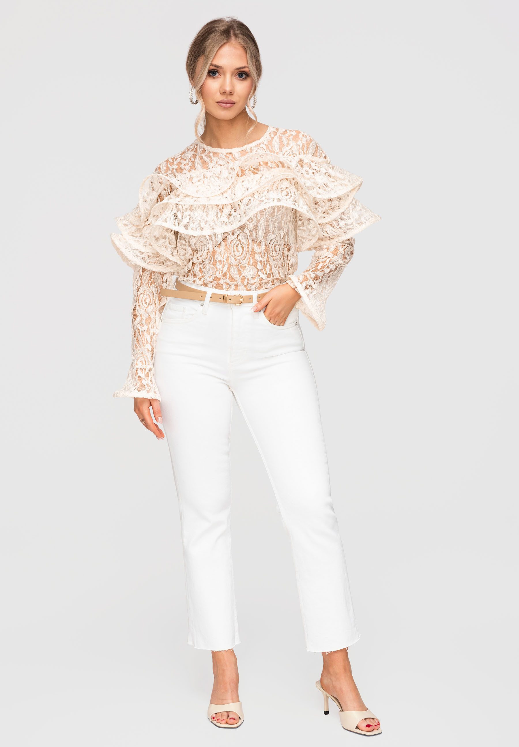 OMBRE Langarmbluse Damen Bluse Spitze Rüschen Elegant Ecru ONESIZE (kein Set, 1-tlg) Ajour-Spitze, mehrlagige Rüschen