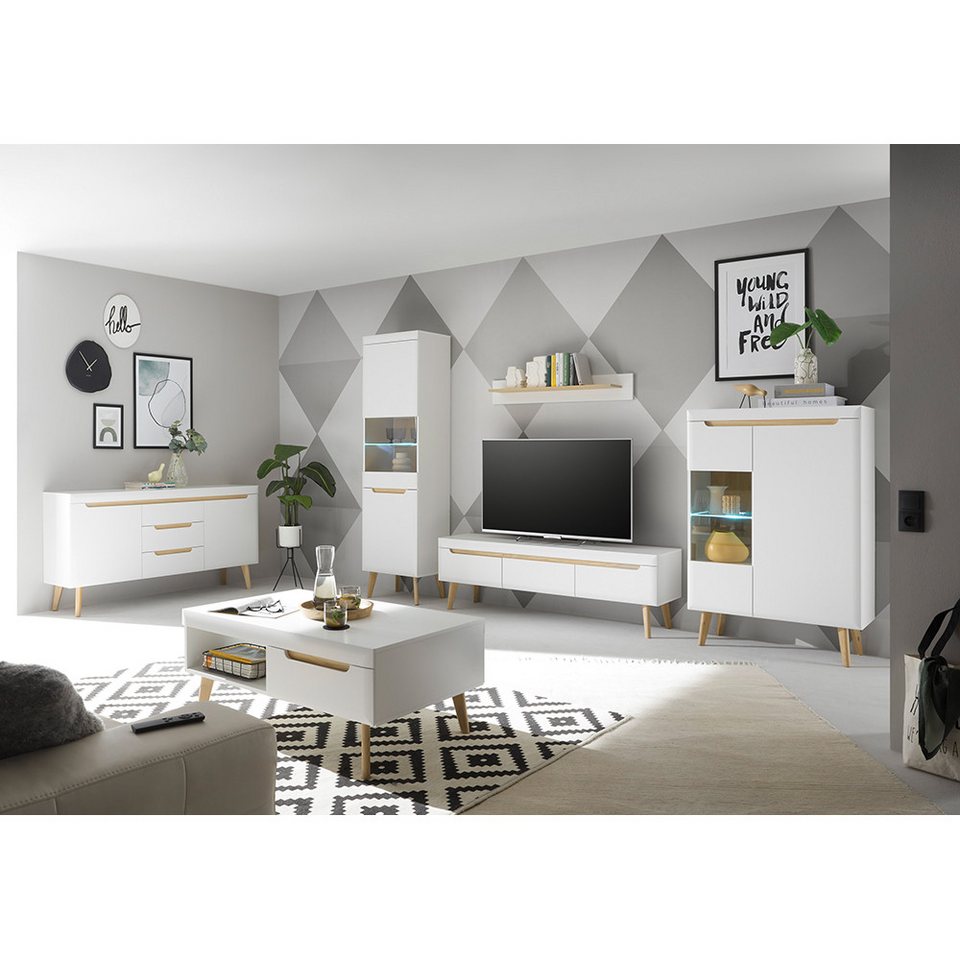 lomadox wohnzimmer-set stockton-61, (mega-spar-set, 6-st., 6-tlg), matt  weiß mit eiche nb., mit couchtisch