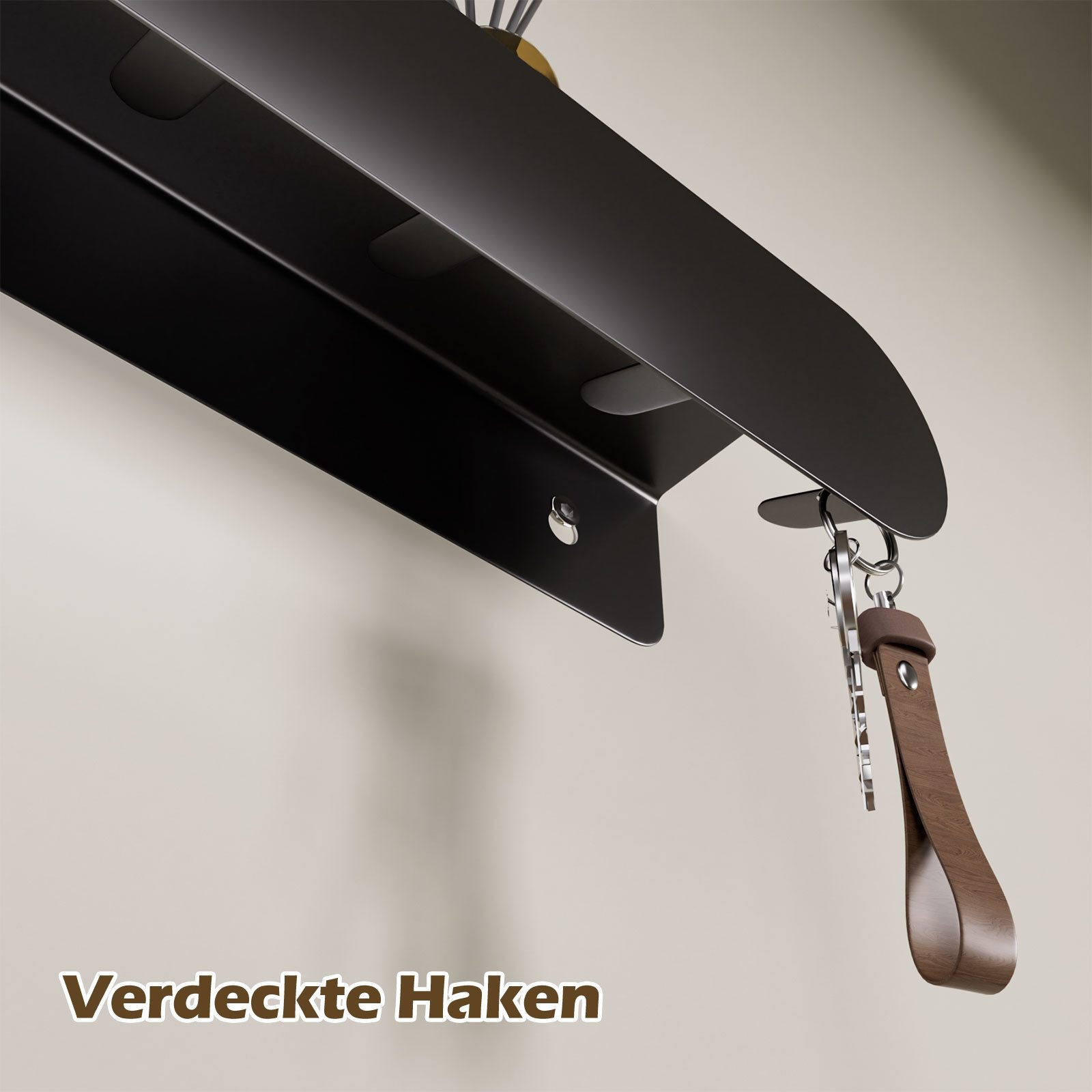 Yorbay Schlüsselbrett mit 6 versteckten Haken & Ablagefläche, Schlüsselhalter aus Metall für Flur, Eingangsbereich, Wohnzimmer