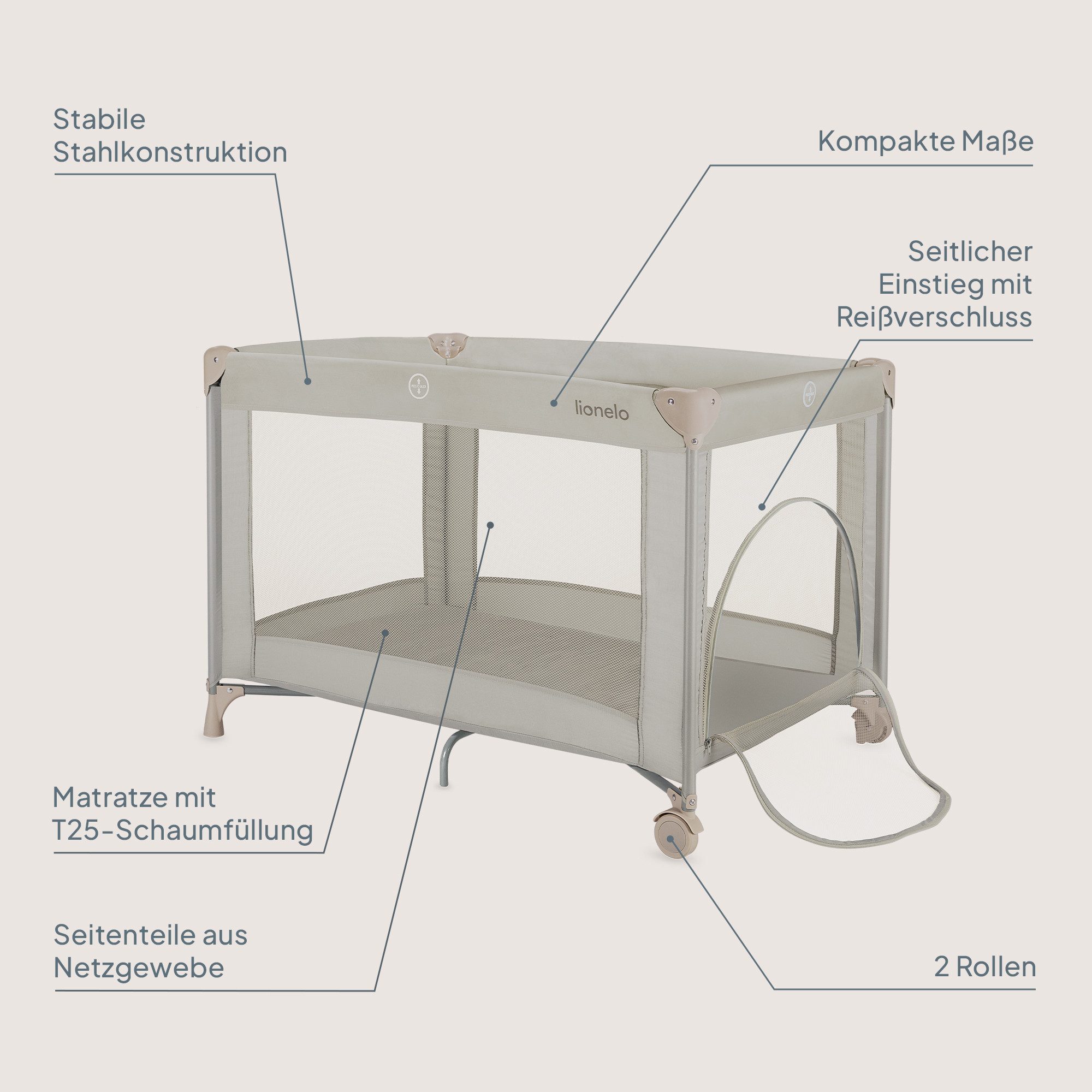 lionelo Reisebett AMELIE (Set, Reisebett / 2-cm-Matratze / Tragetasche) Kompakt/leicht/2cmMatratze/Seiteneingang/Netzseiten