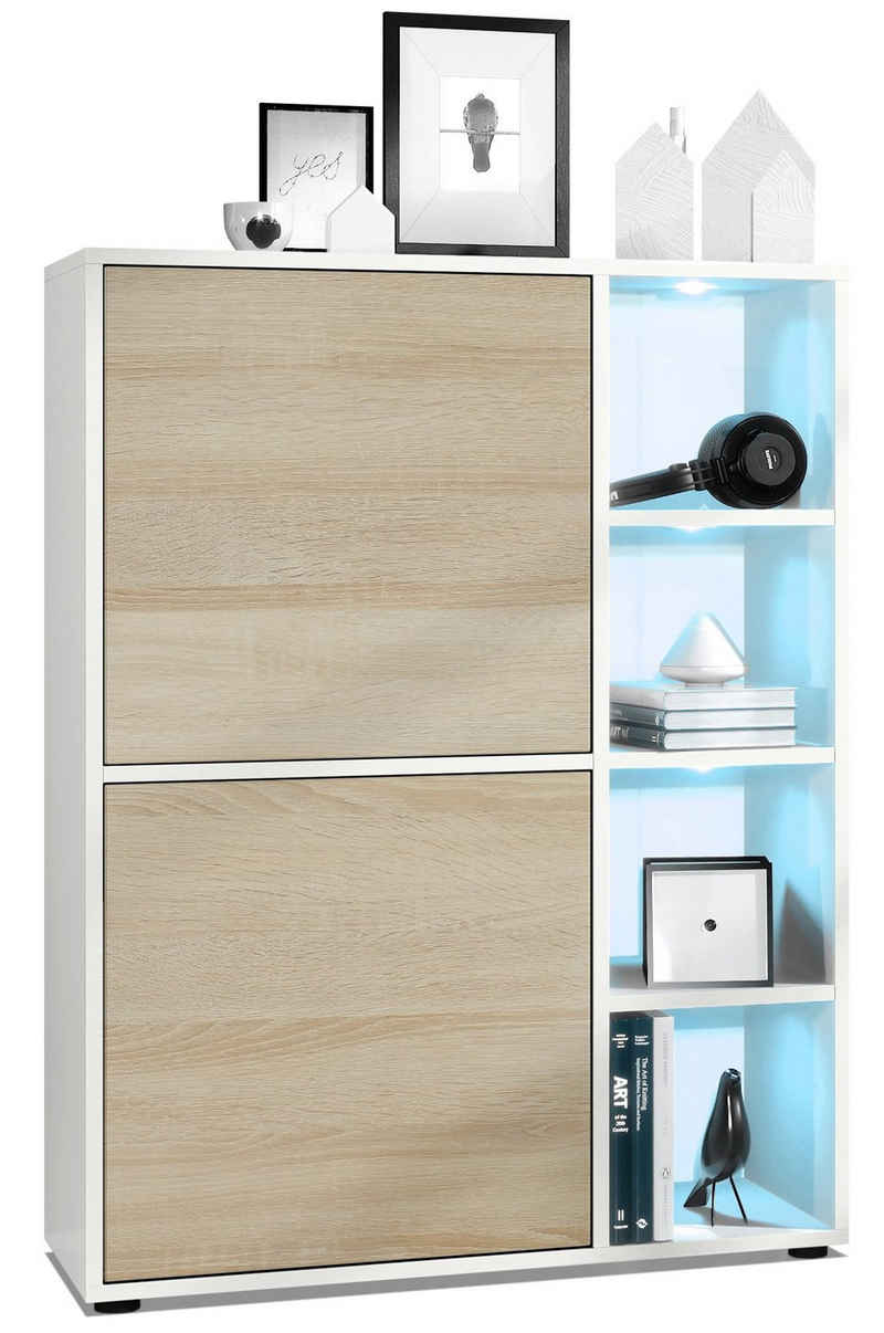 Vladon Highboard Cuba (Anrichte mit 2 Türen, und 4 offene Fächer inkl. RGB LED Beleuchtung), Weiß matt/Eiche sägerau (79 x 105,5 x 35,5 cm)