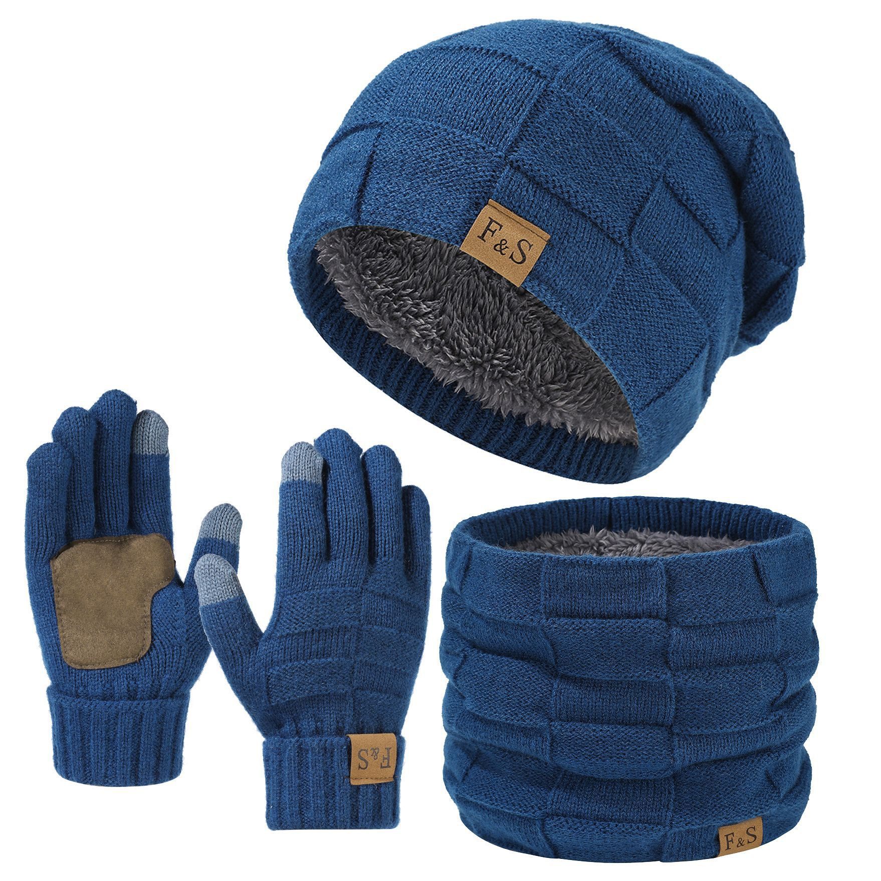 Bextsrack Mütze & Schal Strickmütze, Schal und Handschuh-Set, Winterstrickmütze, Touchscreen-Handschuhe, gefütterter Kragen, Unisex