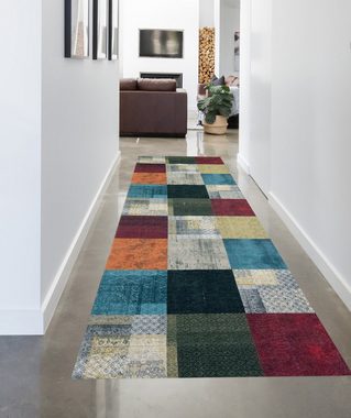 Teppich Eleganter Teppich mehrfarbig mit modernen Mustern in Quadraten orange blau, Carpetia, rechteckig, Höhe: 7 mm