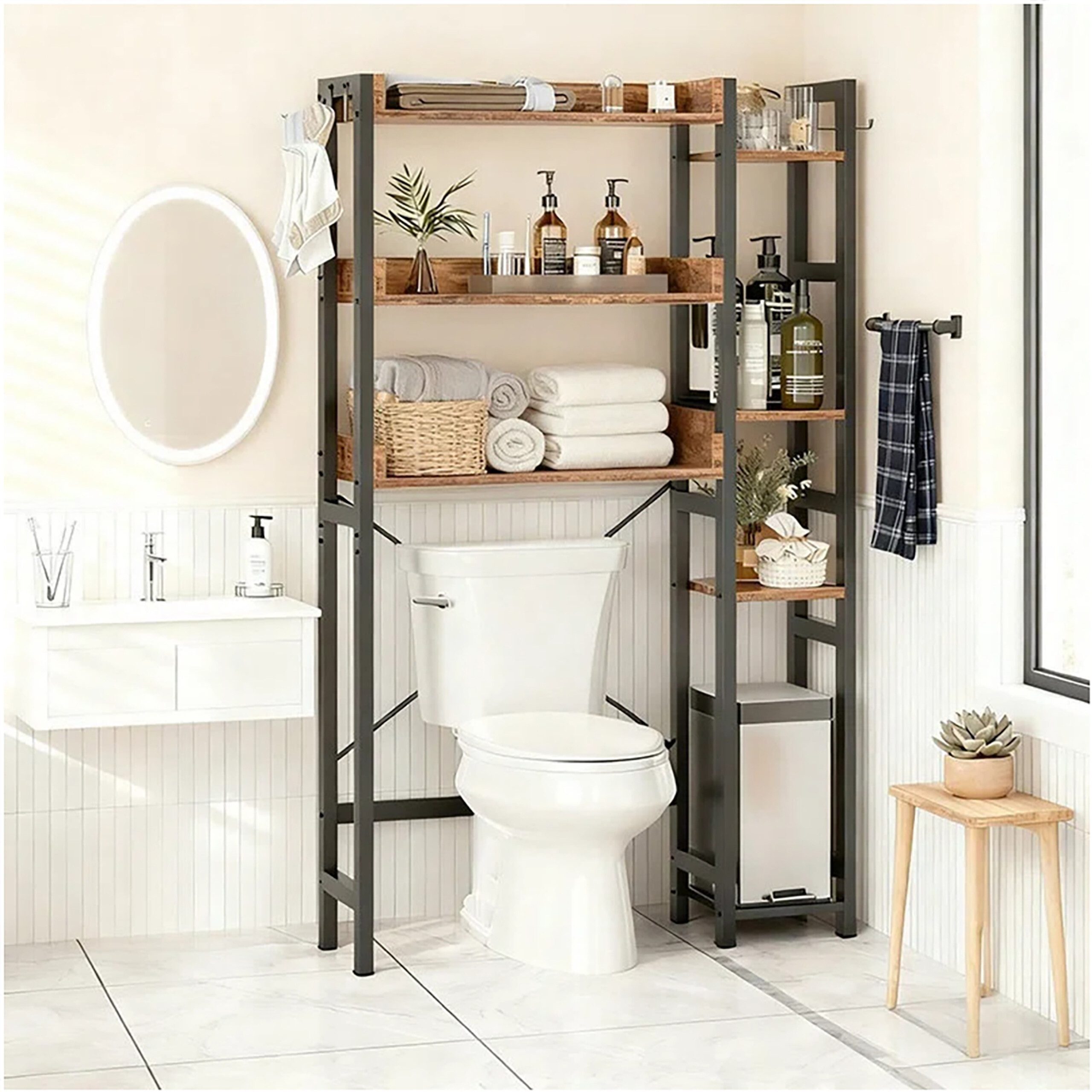 relaxdays Badregal Toilettenregal 3 Ebenen mit Seitenablage, Vintagebraun