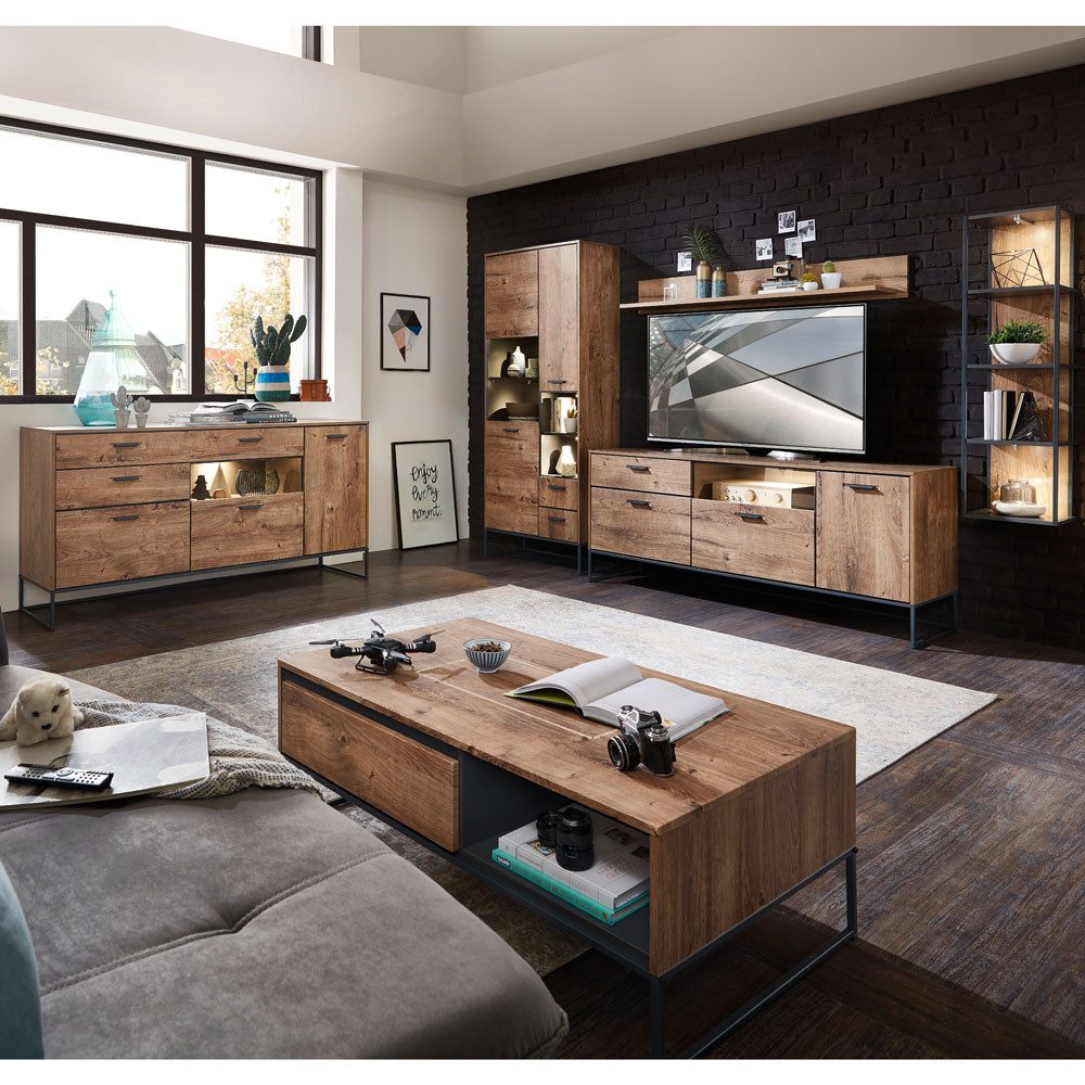 Lomadox Couchtisch MINNEAPOLIS-55, Haveleiche Cognac mit graphit im Industrial-Design 115/42/65cm