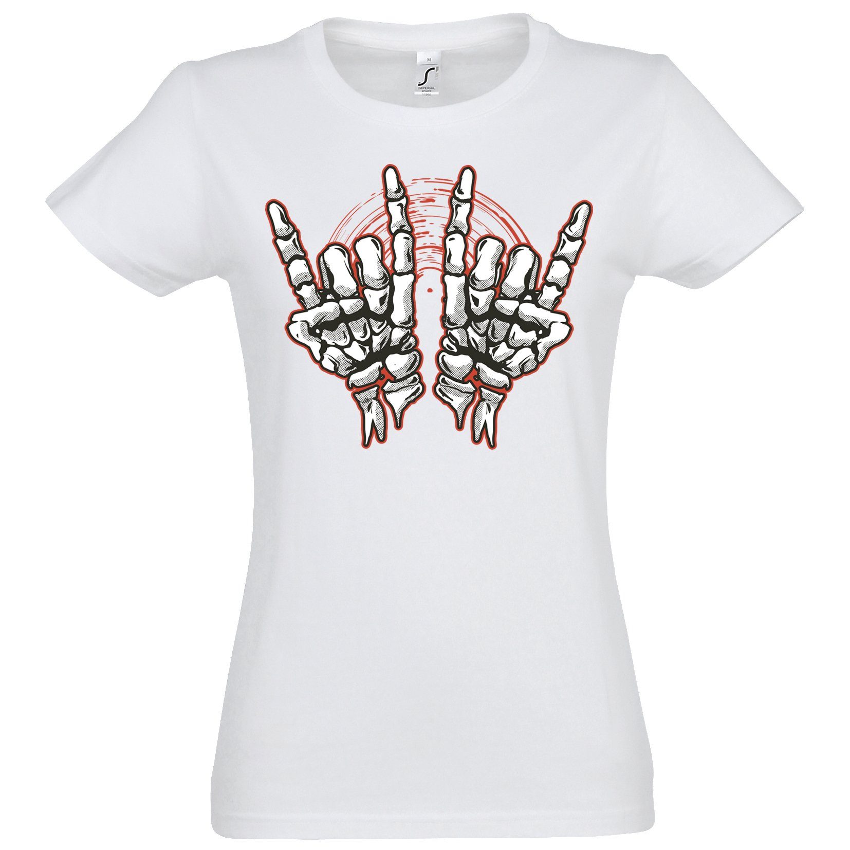 Youth Designz T-Shirt Skelett Hand Rock'n'Roll Damen Shirt Horror im Fun-Look Mit modischem Print Weiss