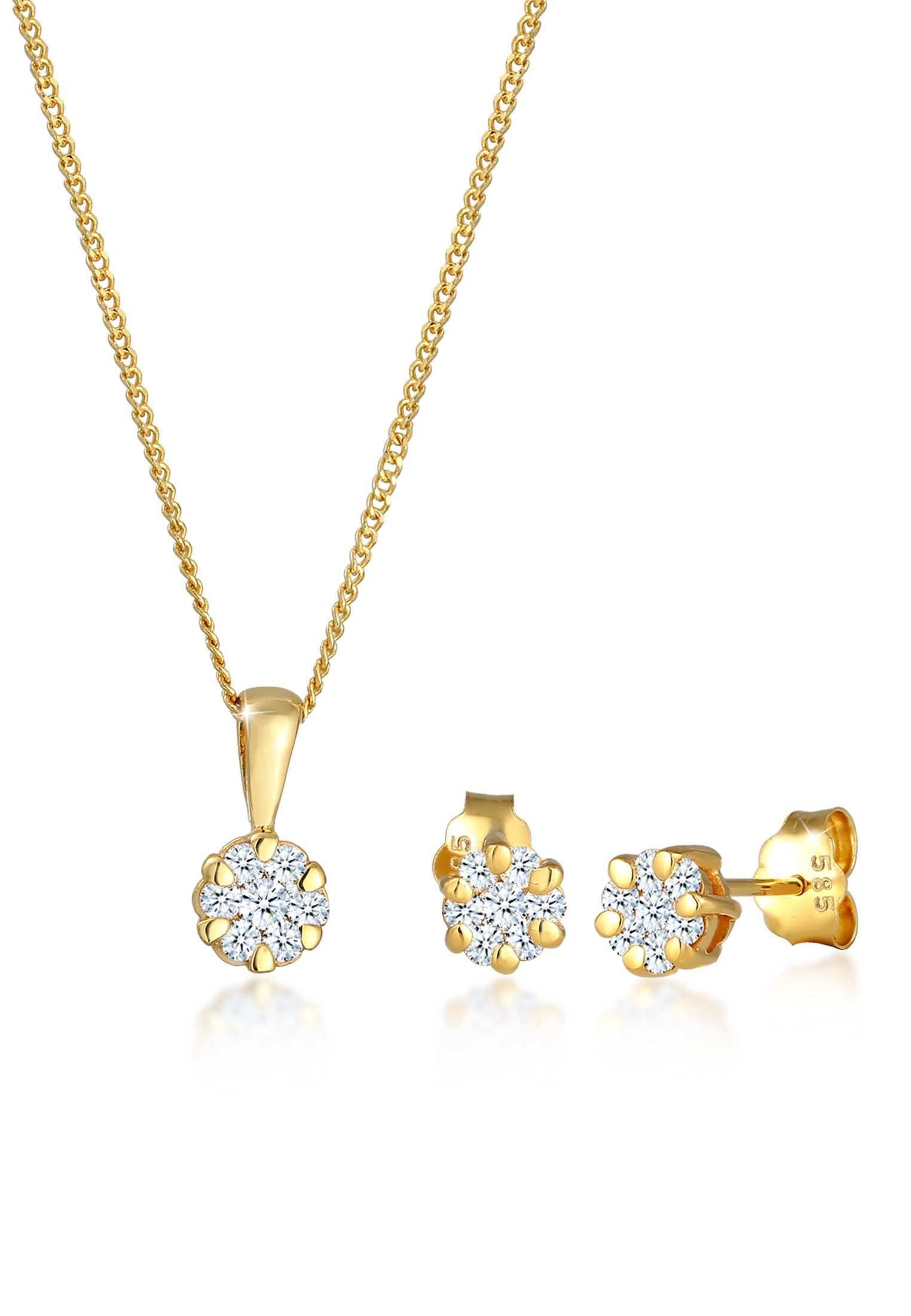 Schmuckset Set mit Diamanten Weiß Blumen Look (0.36 ct) 585 Gelbgold