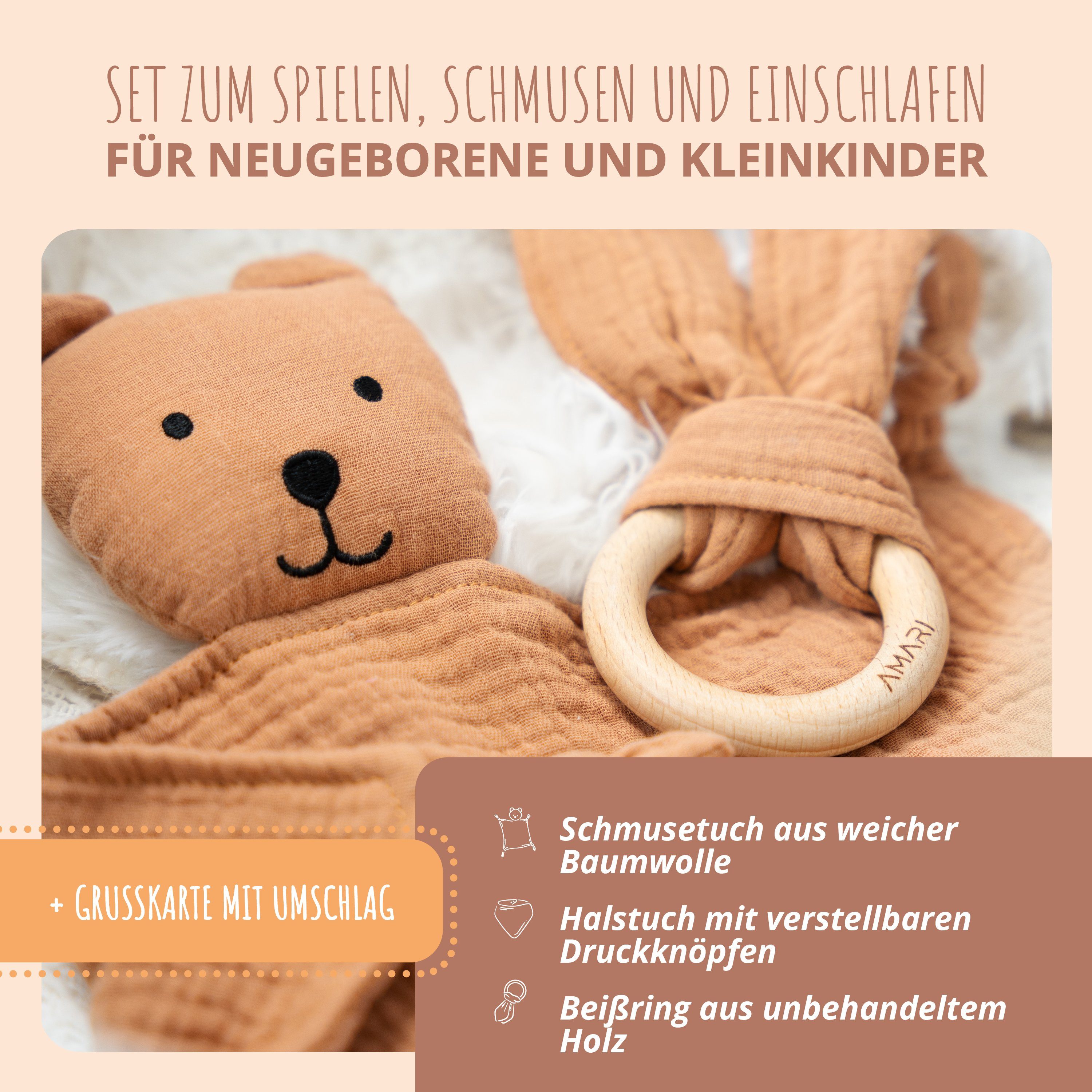 Amari Schmusetuch AMARI ® Schmusetuch mit Beißring und Lätzchen