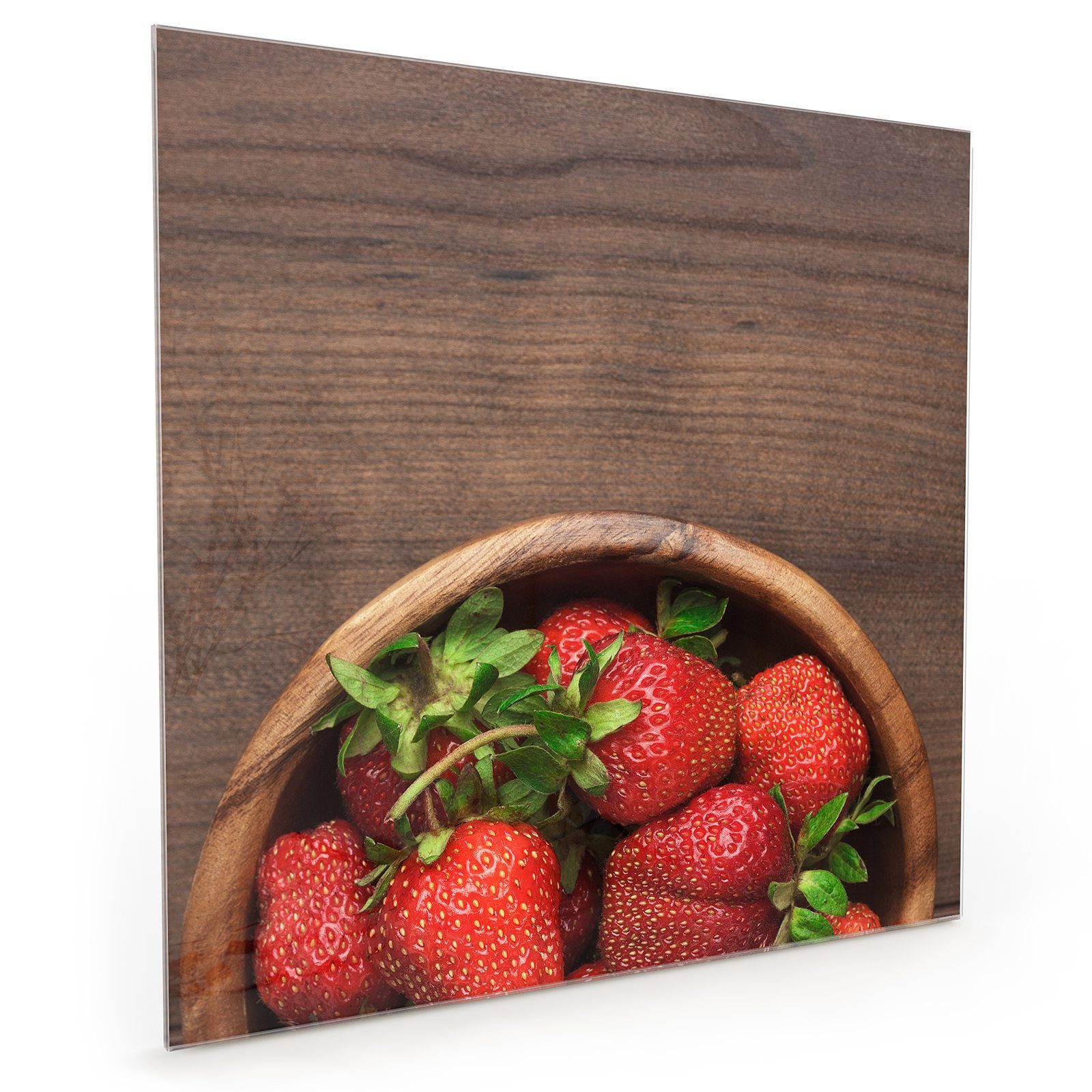 Primedeco Küchenrückwand Küchenrückwand Spritzschutz Glas mit Motiv Erdbeeren in Holzschüssel