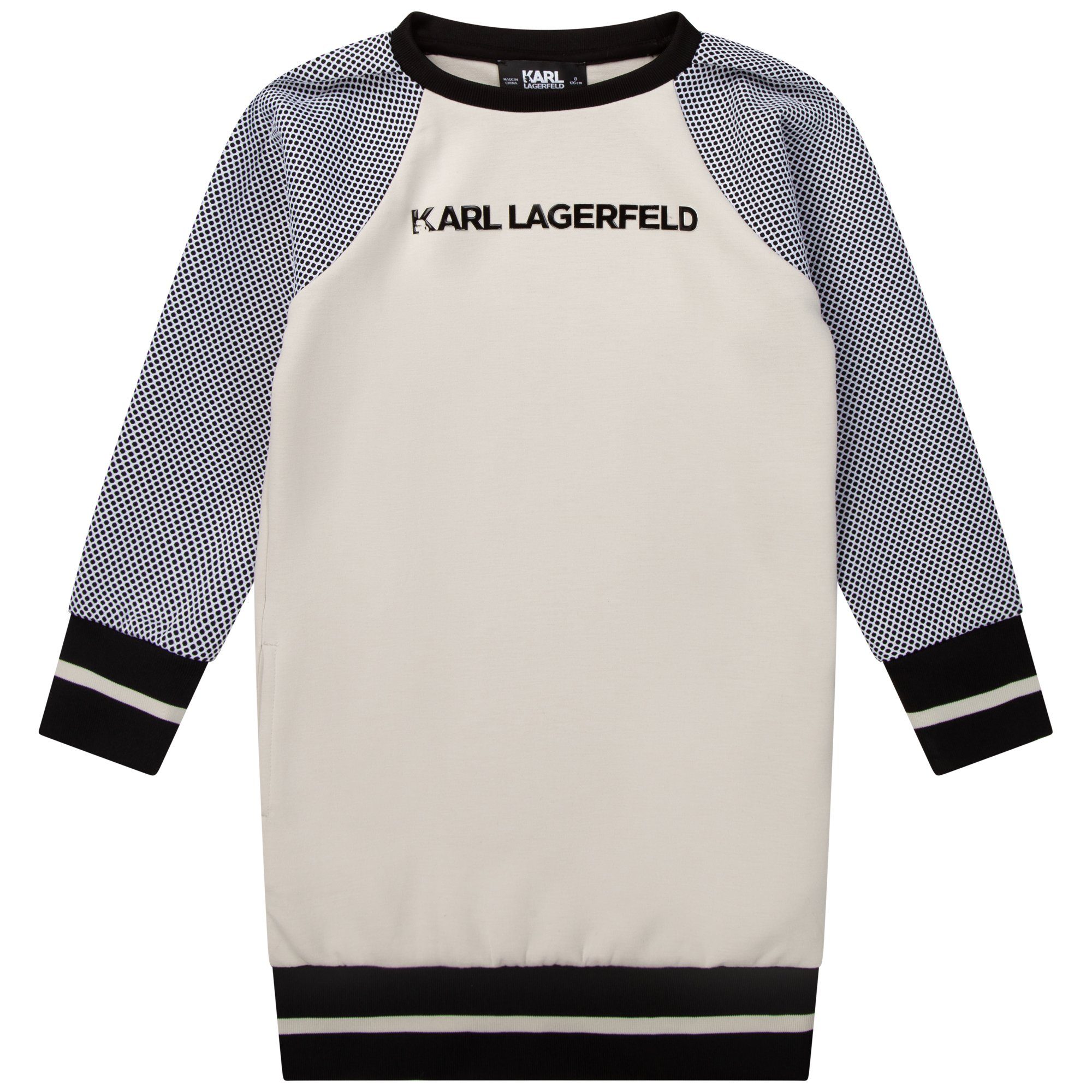 mit KARL A-Linien-Kleid beige Lagerfeld Karl Kleid LAGERFELD Logo schwarz