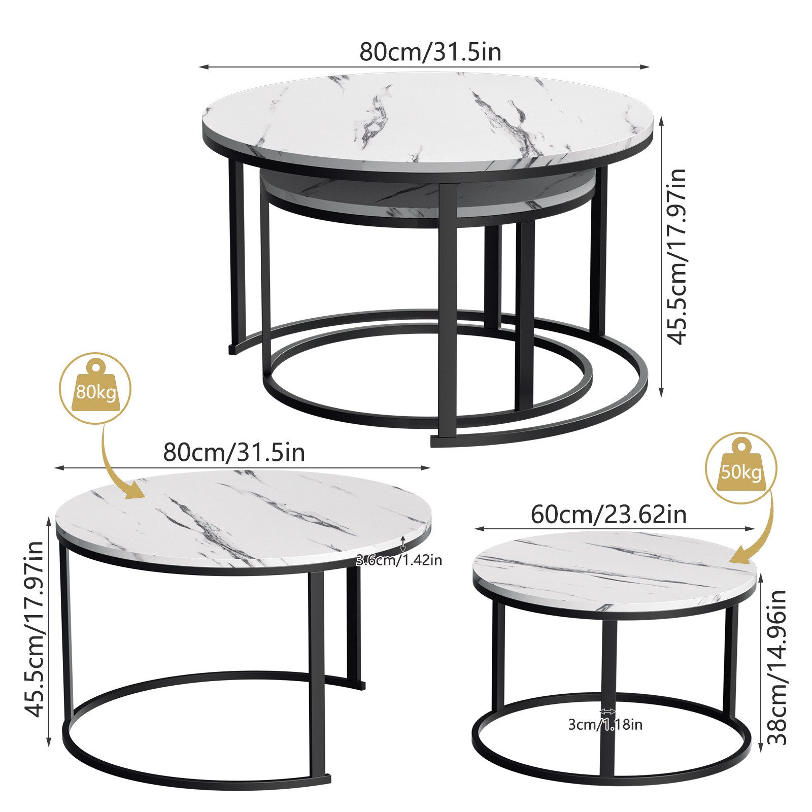 TWSOUL Couchtisch Rund Kaffeetisch 2er Set günstig online kaufen