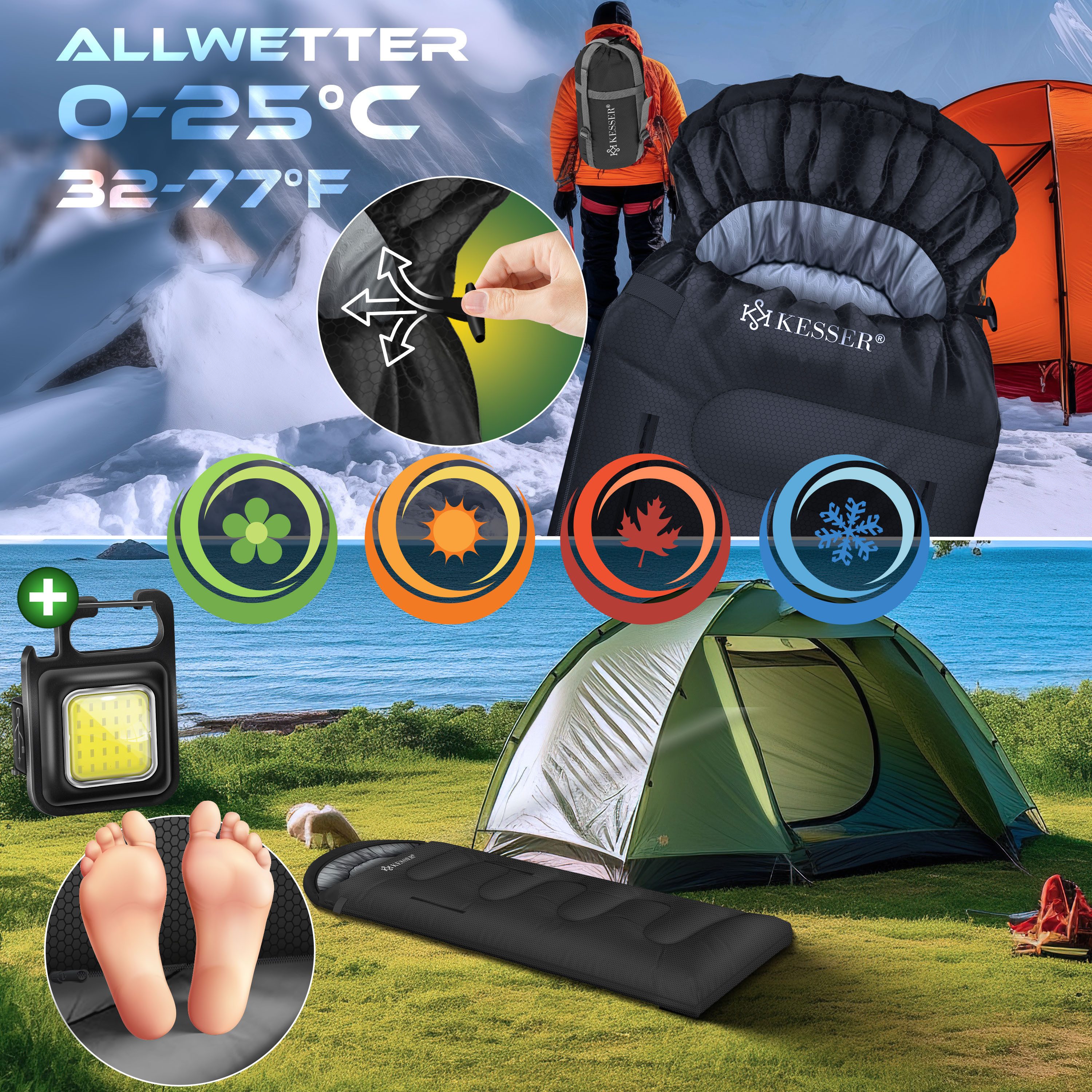 KESSER Deckenschlafsack Camping Schlafsack Outdoor 220x83cm 4 Jahreszeiten (Campingschlafsack inklusive Campinglampe & Seitentasche), für Erwachsene & Kinder Leicht Tragbar Warm & Wasserabweisend