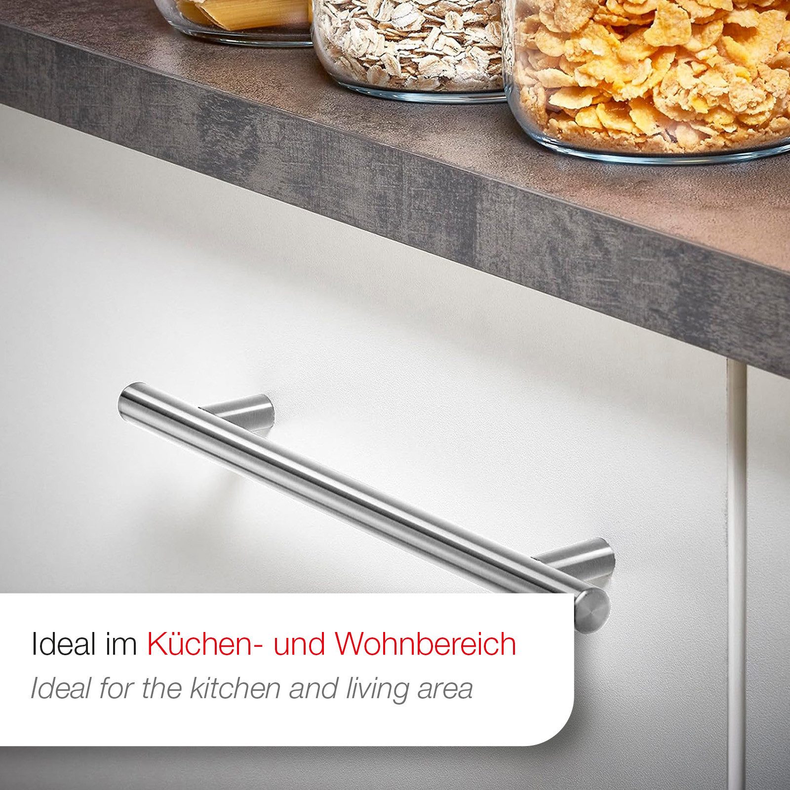 SO-TECH® Möbelgriff Stangengriff G17 echt Edelstahlrohr Ø 12 mm inkl. Schrauben (10-St), Edelstahl gebürstet, Bohrlochabstand 64 mm, Schubladengriff – Bild 5 von 5