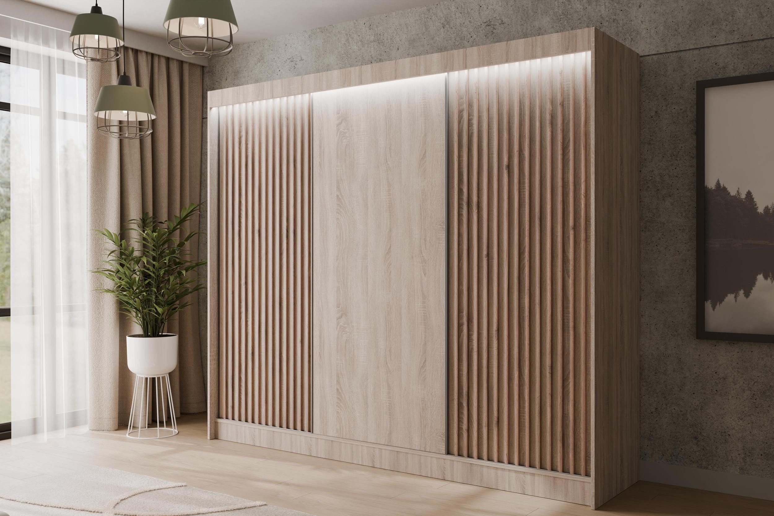 ALTDECOR Schiebetürenschrank VILANv2 (Kleiderschrank Garderobenschrank mit viel Stauraum Moderner Schrank) Vielseitiger Schwebetürenschrank Lamellen LED Beleuchtung