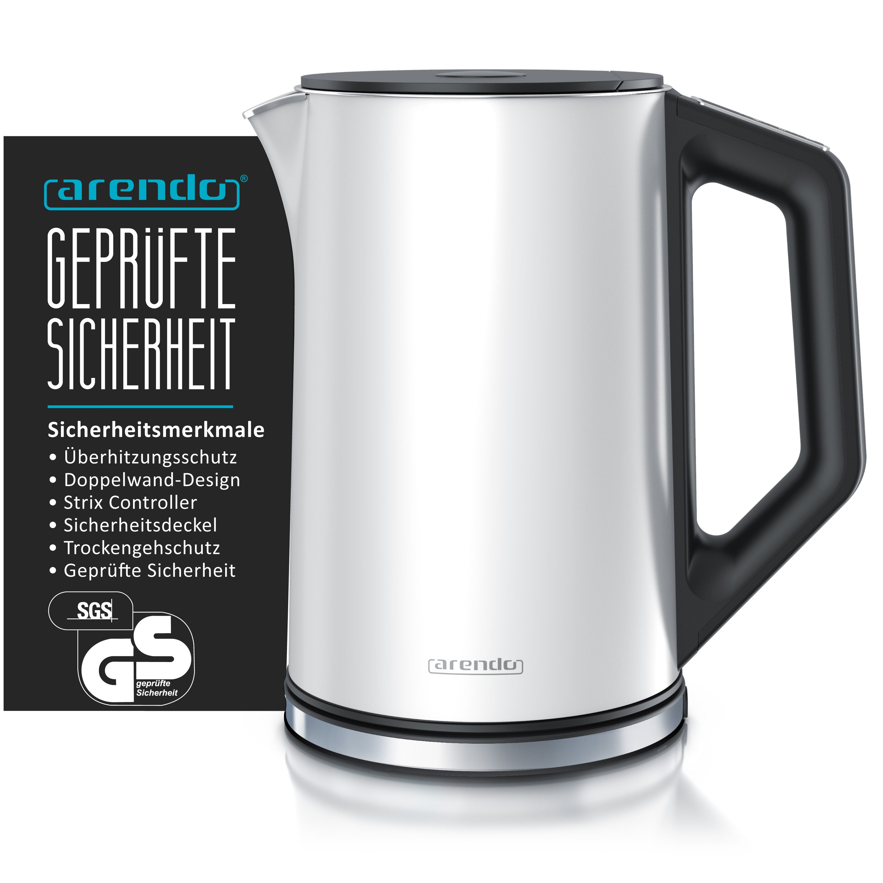 Arendo Frühstücks-Set Wasserkocher 1,5l & 2-Scheiben Langschlitz Toaster, Edelstahl, Weiß (2-tlg), Wasserkocher mit Temperaturwahl, Toaster mit Brötchenaufsatz – Bild 3 von 5
