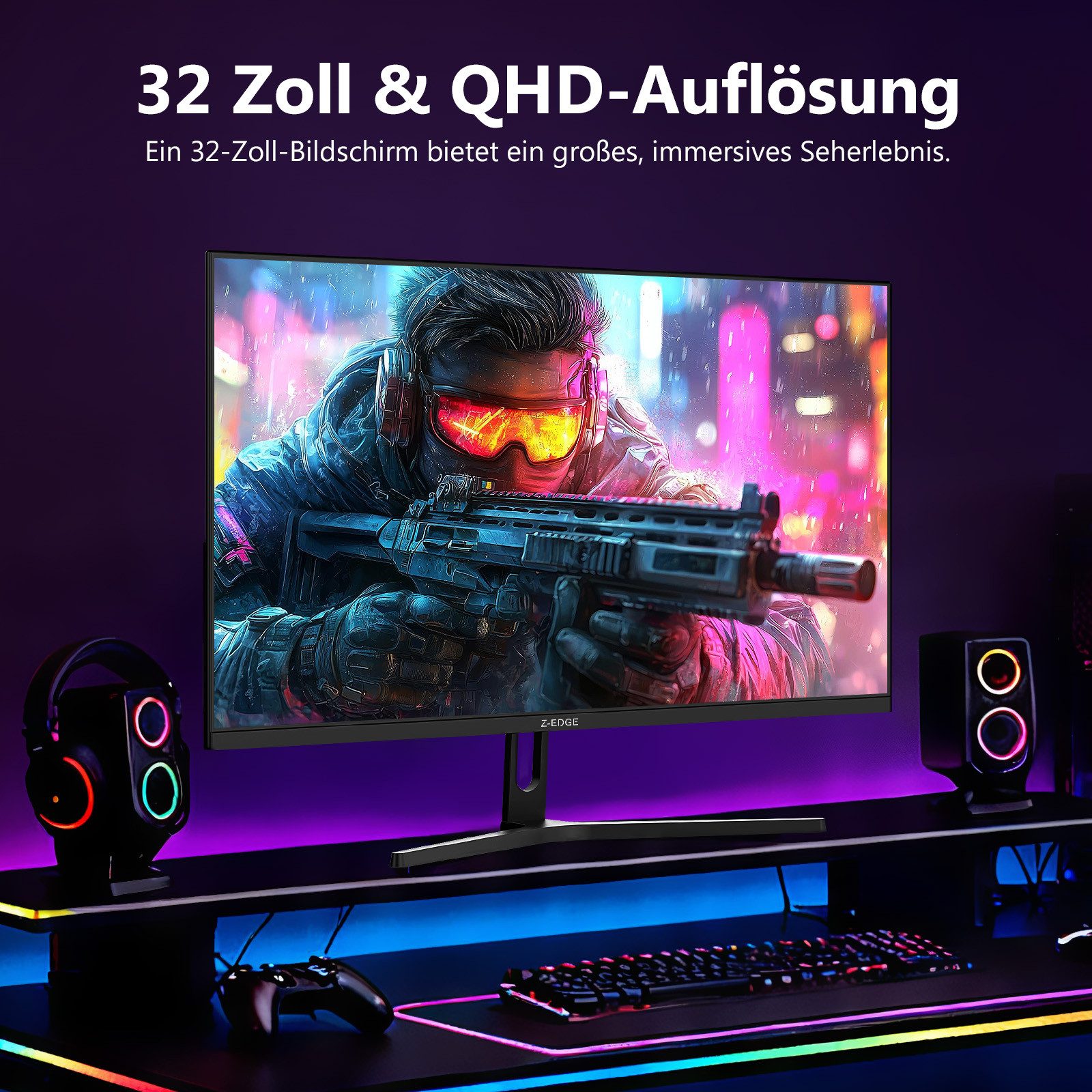 Z-EDGE 32‑Zoll 2K QHD IPS Monitor, 1 ms MPRT, FreeSync & HDR10‑Unterstützung Gaming-Monitor (81,28 cm/32 ", 2560 × 1440 px, QHD, 1 ms Reaktionszeit, 200 Hz, IPS, Bis 200 Hz Bildwiederholrate)