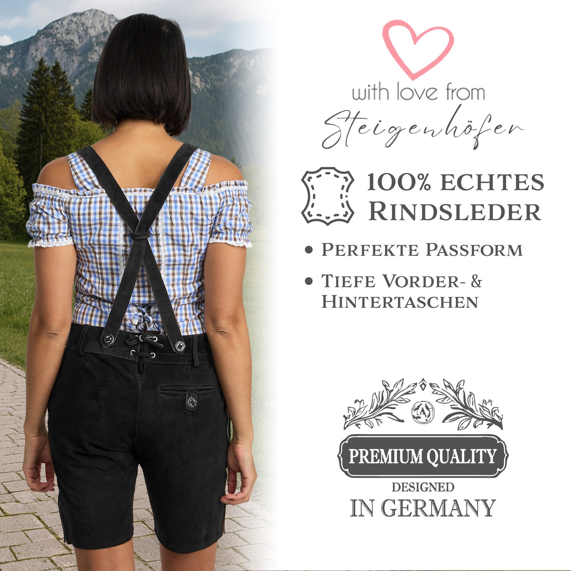 Steigenhöfer Manufaktur Trachtenlederhose Lederhose Damen Shorts - 100% Rindsleder - Kurze Hose für Frauen (Inklusive verstellbaren Trägern) Traditionelles Design - Mit Gürtelschlaufe - Dirndl Alternative