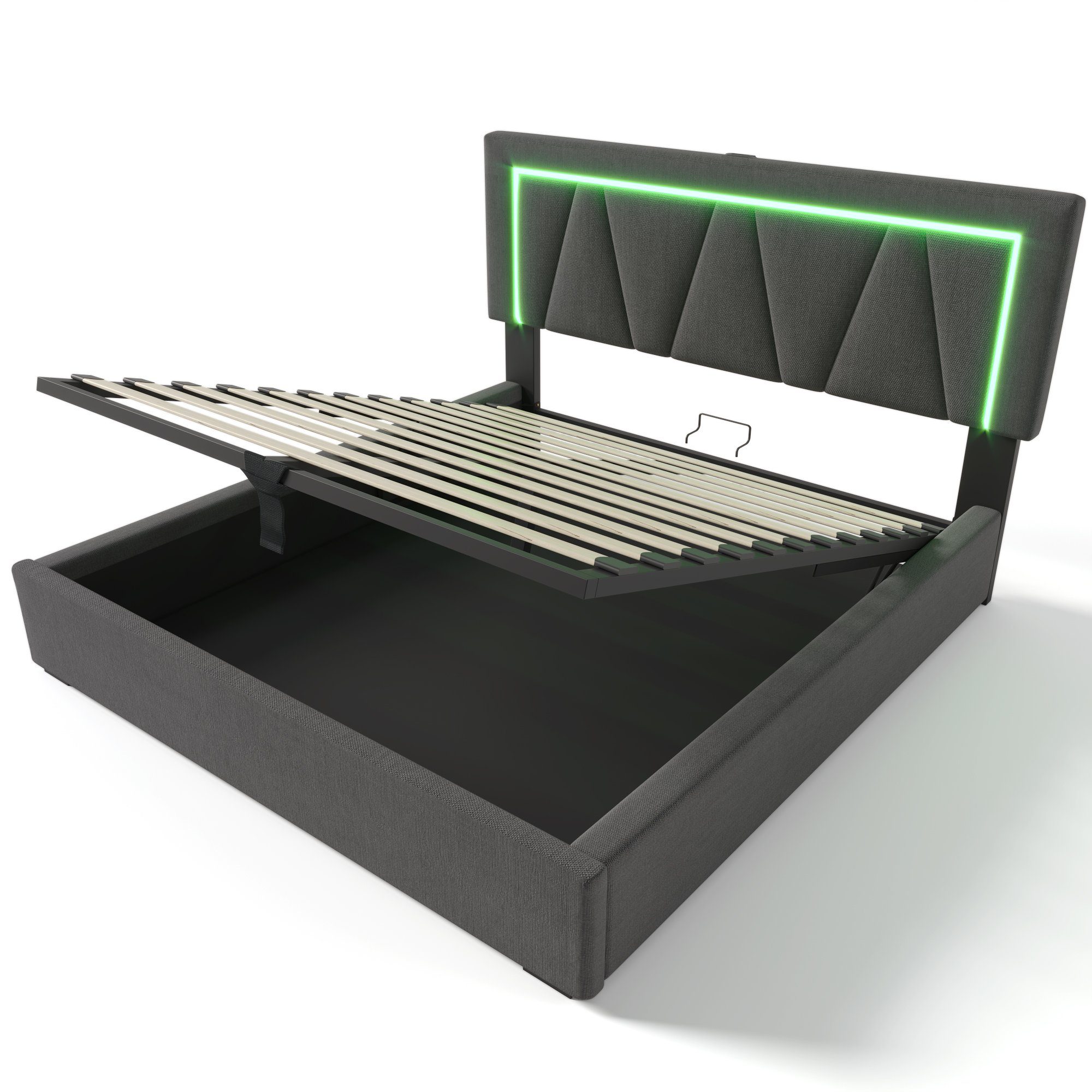 Polsterbett (Stauraumbett mit Lattenrost, 160x200cm), LED Doppelbett mit USB Typ C Ladefunktion, Leinen, Ohne Matratze