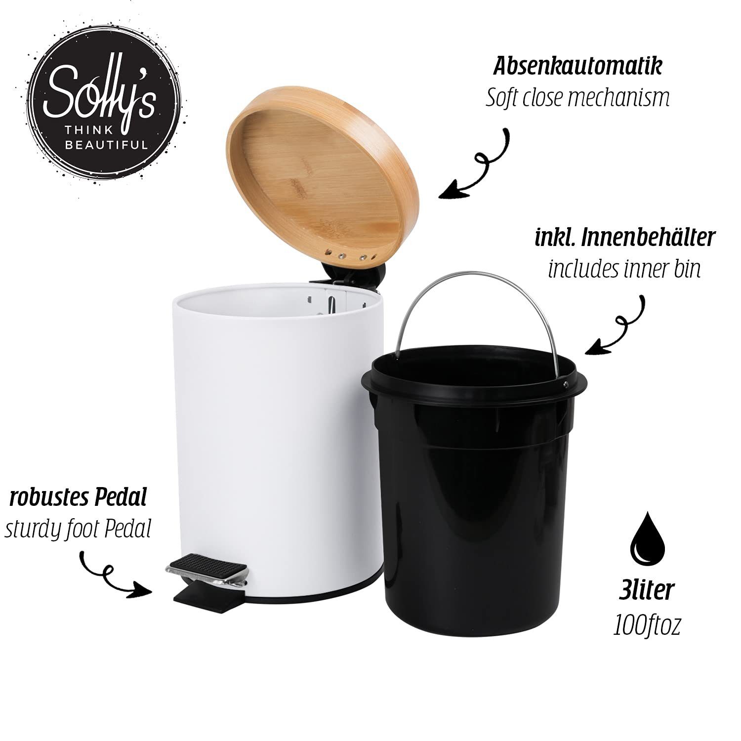 Solly's Kosmetikeimer 3l mit Deckel, Bambus Küche und für weiß Treteimer Bad mit Absenkautomatik