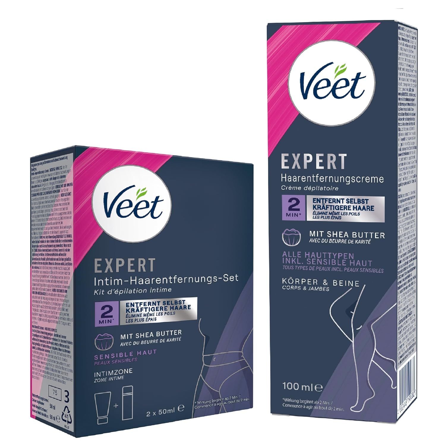 Veet Enthaarungscreme Körper & Beine (100ml) + Multi-Benefit-Schaum (2 x 50ml), Spar-Set, 2 St., für sensible Haut & Intimzone