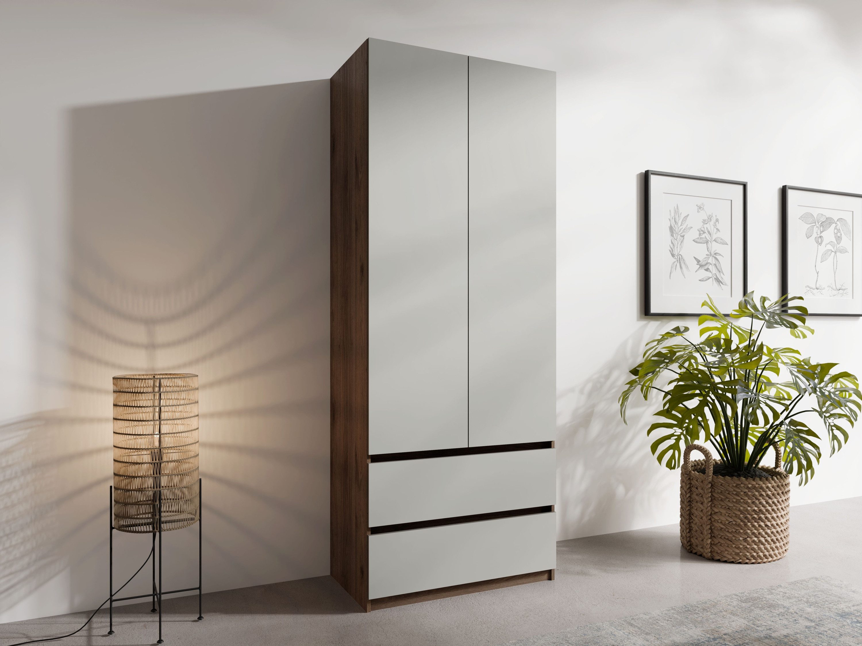 Raumhirsch Furniture Kleiderschrank Garderobenschrank, Drehtürenschrank, Schrank mit Spiegel (Maße: 90 x 51,4 x 230,5 cm, Gewicht 86,5 kg) 2-türig, 2 Schubladen, Push-to-Open