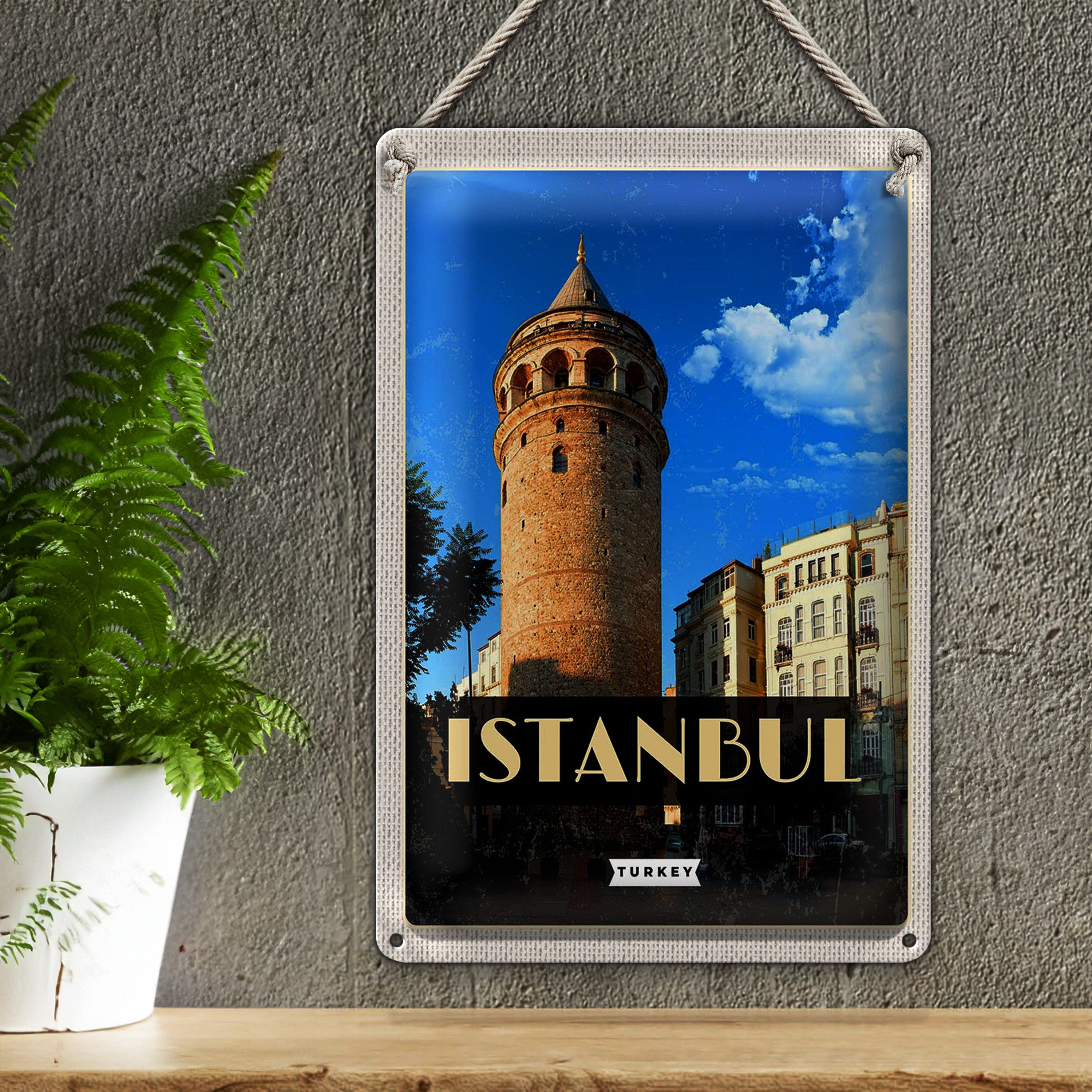 Roomando Metallschild Reise 30x40cm Retro Istanbul Turkey Galataturm