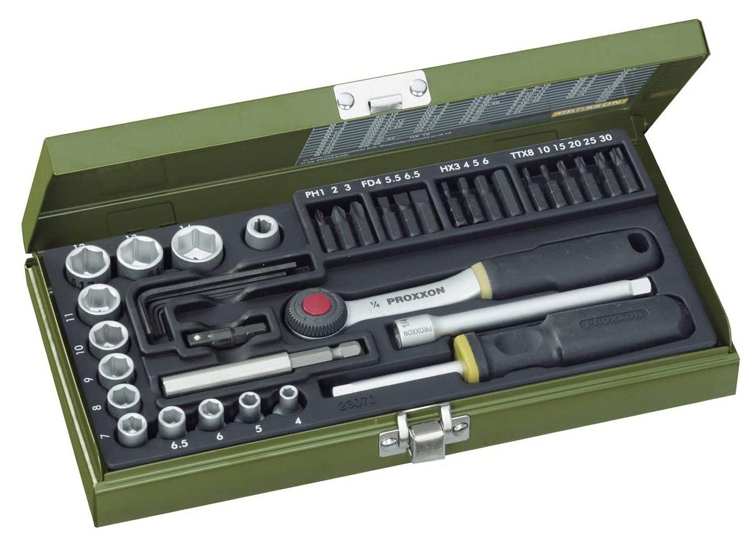 (39-St), Werkzeugset PROXXON mit INDUSTRIAL inkl. Antrieb, und Schraubersatz PROXXON Steckschlüssel- Aufbewahrungskoffer (1/4) 6,3mm 23070