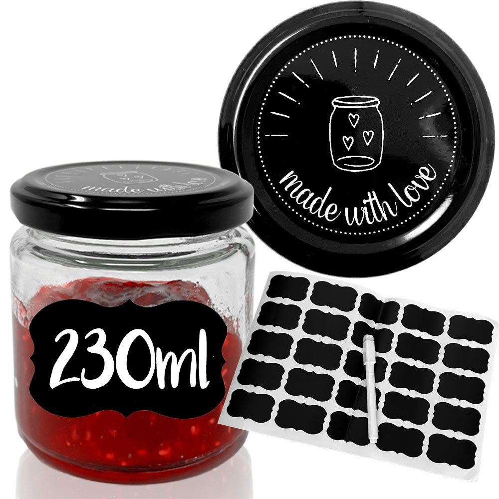 mixed24 Marmeladenglas 25x 230ml Marmeladengläser Einmachgläser made with love, inkl. wiederverwendbaren Etiketten & abwischbarem Stift