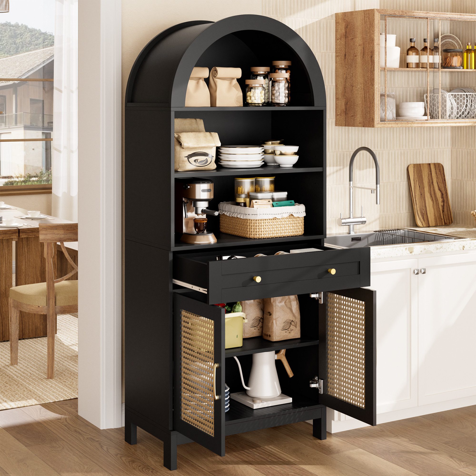 BlingBin Vitrine Vitrinenschrank Regalschrank Aufbewahrungsschrank mit Rattanoptik (2 Packung, 1-St., 3 offenen Präsentationsfächern, 1 Schublade und 2 Türen,Kippsicherung) 3 offenen Präsentationsfächern, 1 Schublade und 2 Türen,Kippsicherung
