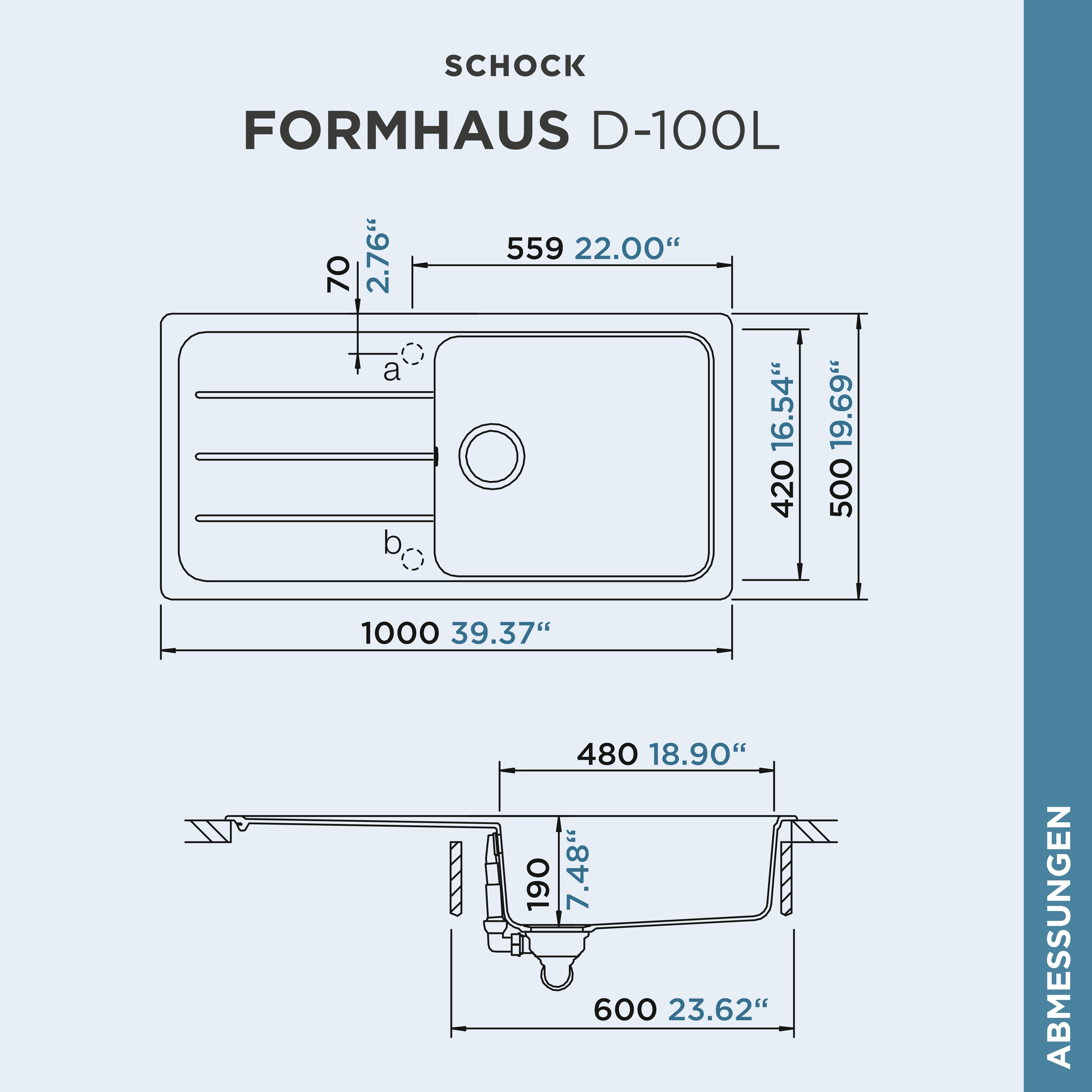 Schock granite sink COMO D-100L, square, 100/50 cm, remote drain control, including drain and overflow fitting, rotary hex center, diamond drill bit