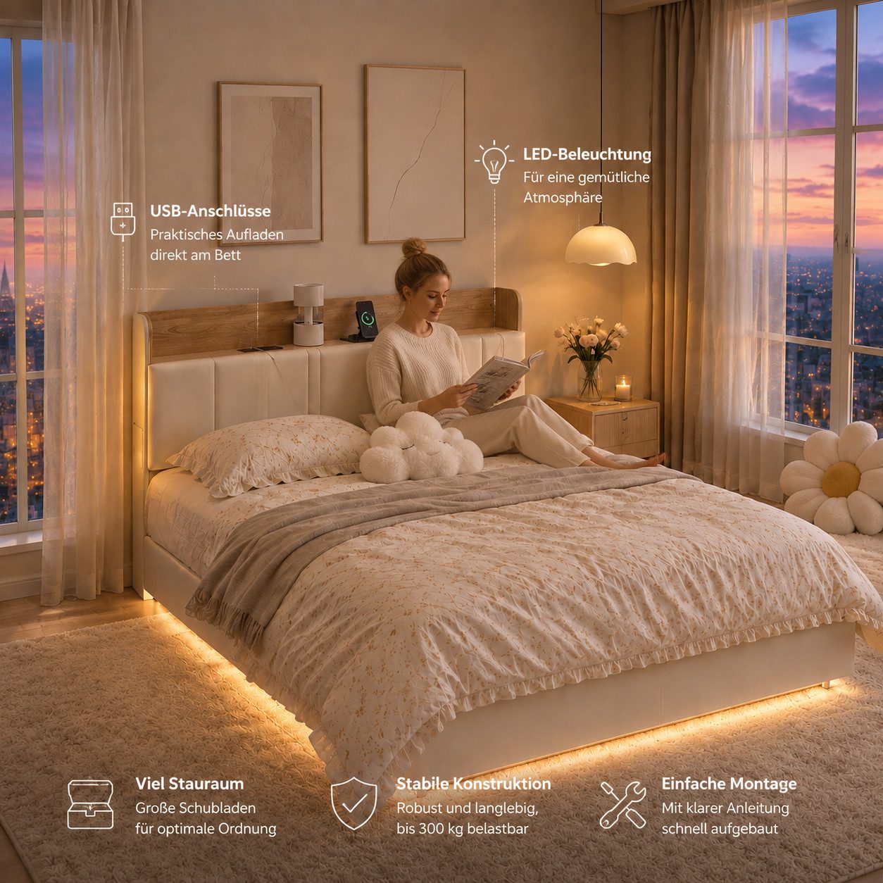 Simurq Polsterbett 160x200cm LED Stauraum USB Weiß Eichenoptik (USB-Ladeanschluss), Schwebebett,LED,Stauraum,USB,Weiß,Eichenoptik,Lattenrost – Bild 2 von 5