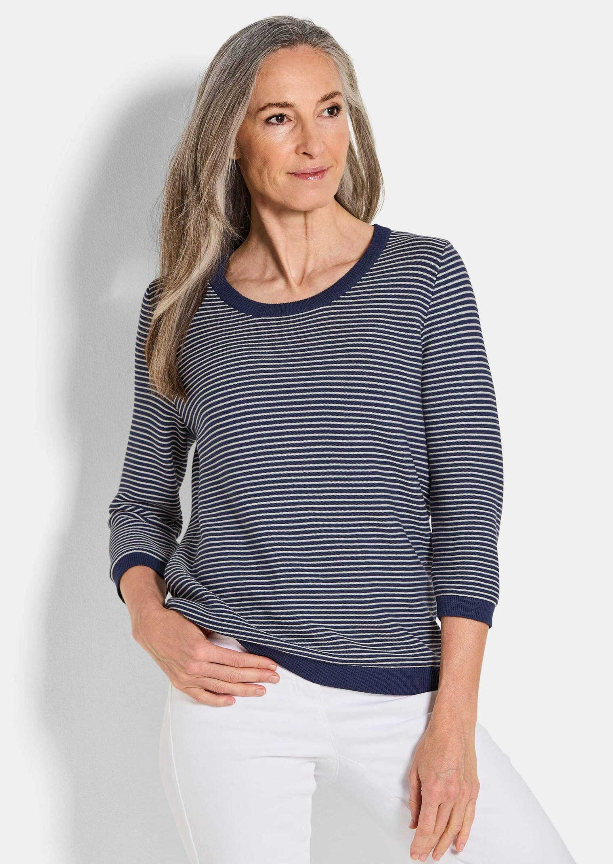 GOLDNER Strickpullover Halbarm Ringelpullover aus Baumwolle Zweifarbiger Ringelstrick mit 3D-Optik, Rundhals