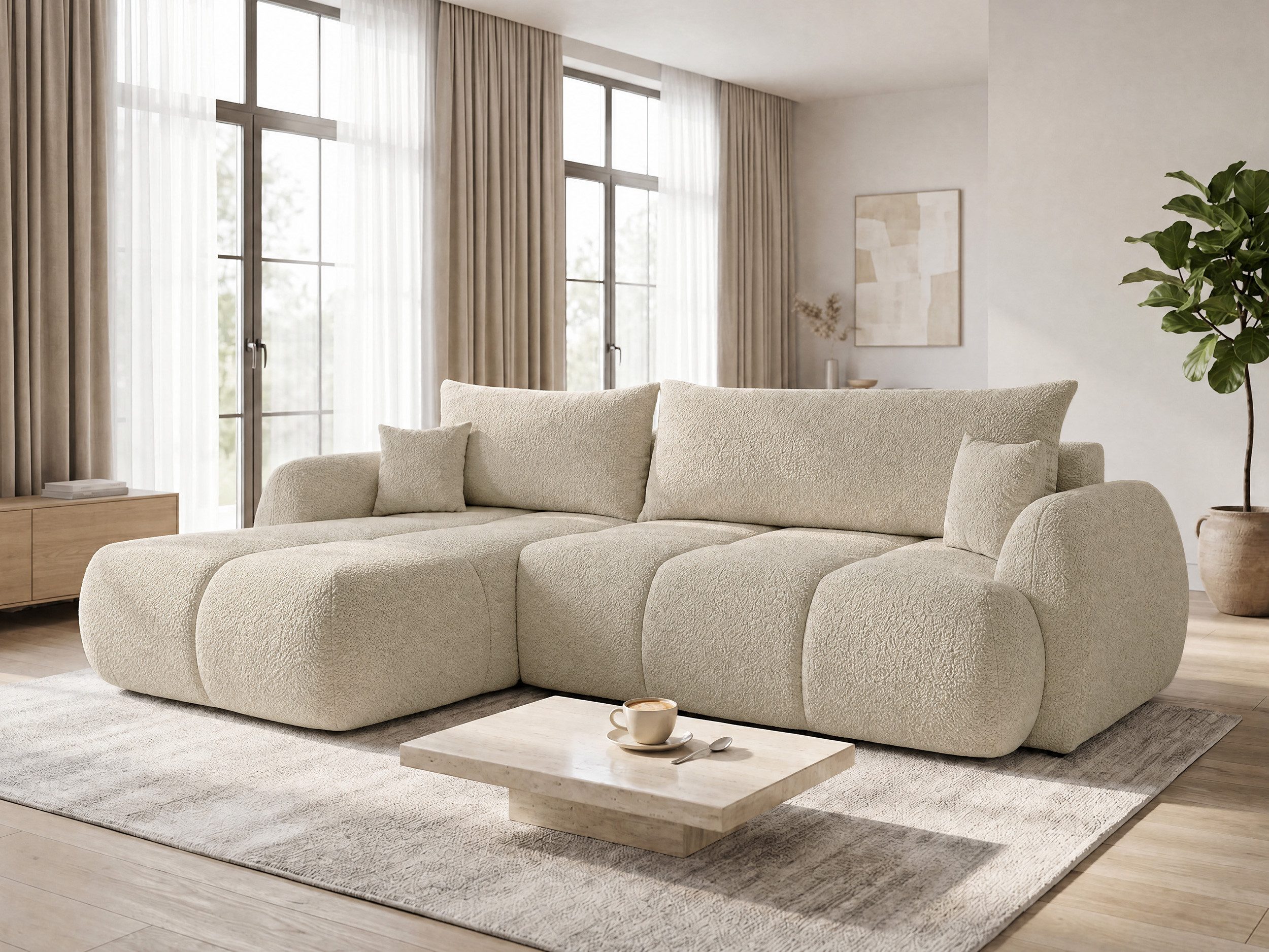 Sofnet Ecksofa Loria, mit Schlaffunktion und Bettkasten, Weiches Schlafsofa mit Wellenfeder, L-Form Couch, Bouclé