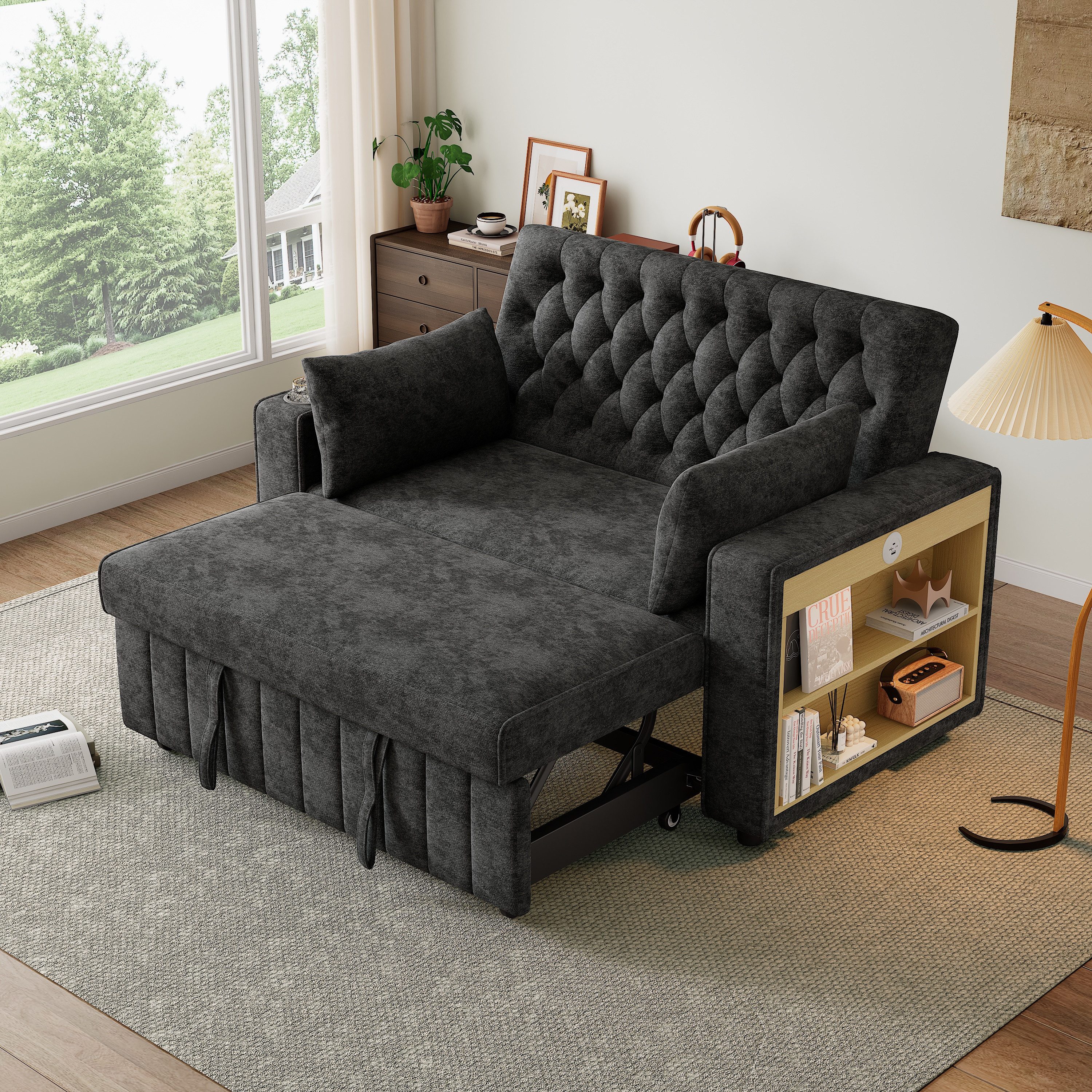 KLAM HOME Schlafsofa Modernes Klappsofa mit Stauraum und Schlaffunktion, Getränkehalter, USB-Ladeanschluss und Kissen, platzsparende Couch für Wohnzimmer, Schlafzimmer und Gästezimmer