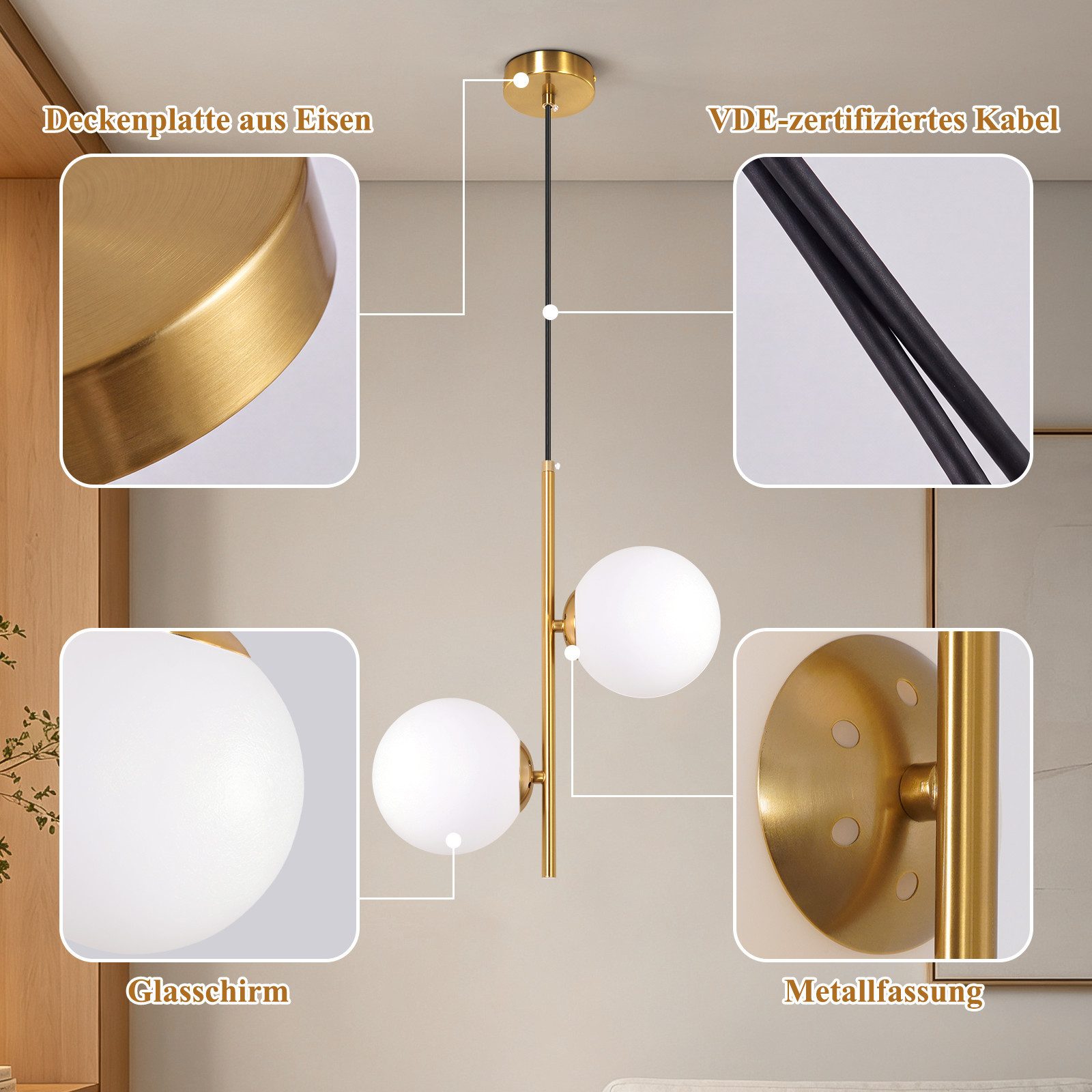 Nettlife Pendelleuchte 1/2/3flammig G9 Glas Kugel gold modern Hängeleuchte Esstisch, ohne Leuchtmittel, für Esszimmer Wohnzimmer Küche Schlafzimmer – Bild 4 von 5