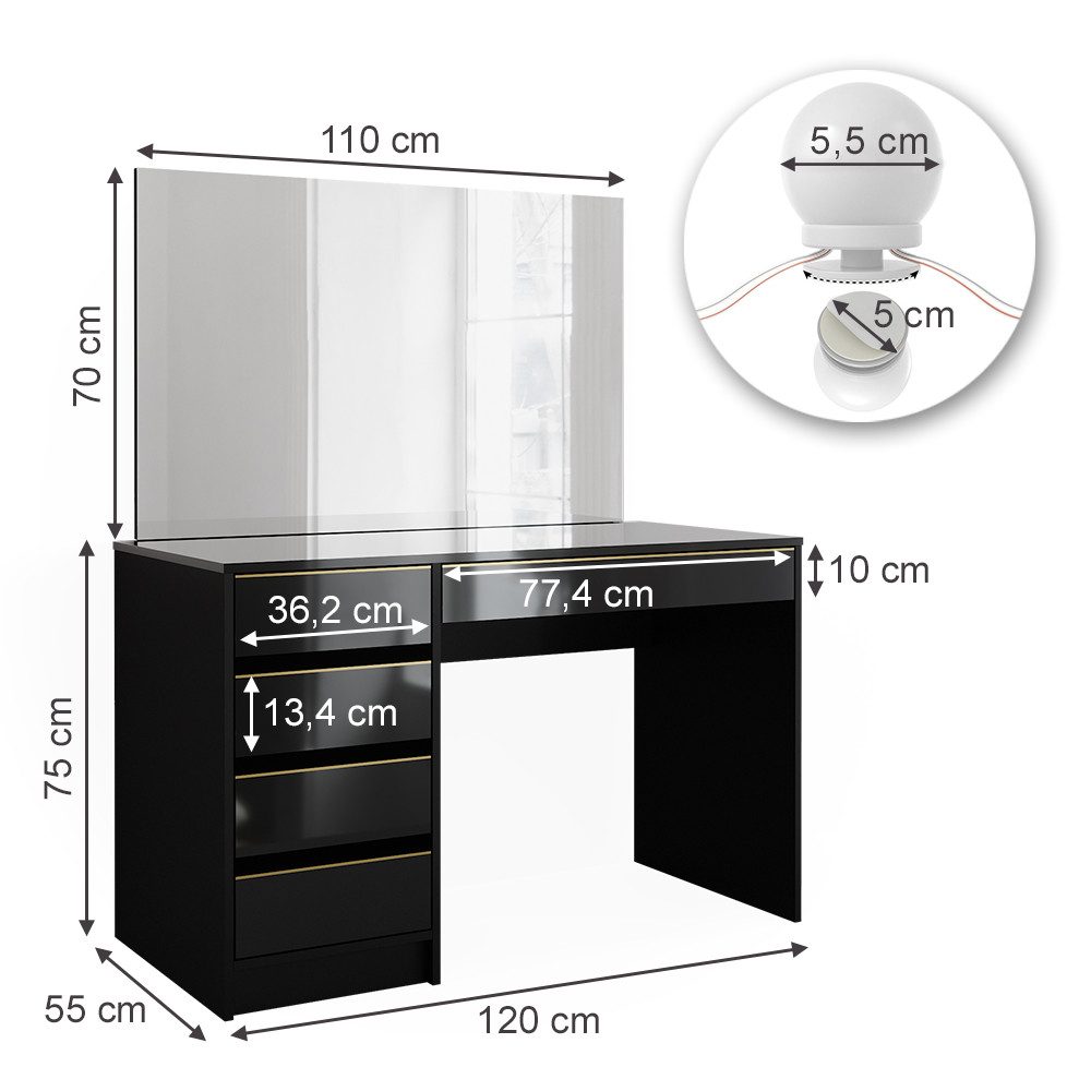 Vicco Schminktisch Sherry, Schwarz, 120 cm mit LED Beleuchtung (2-St)